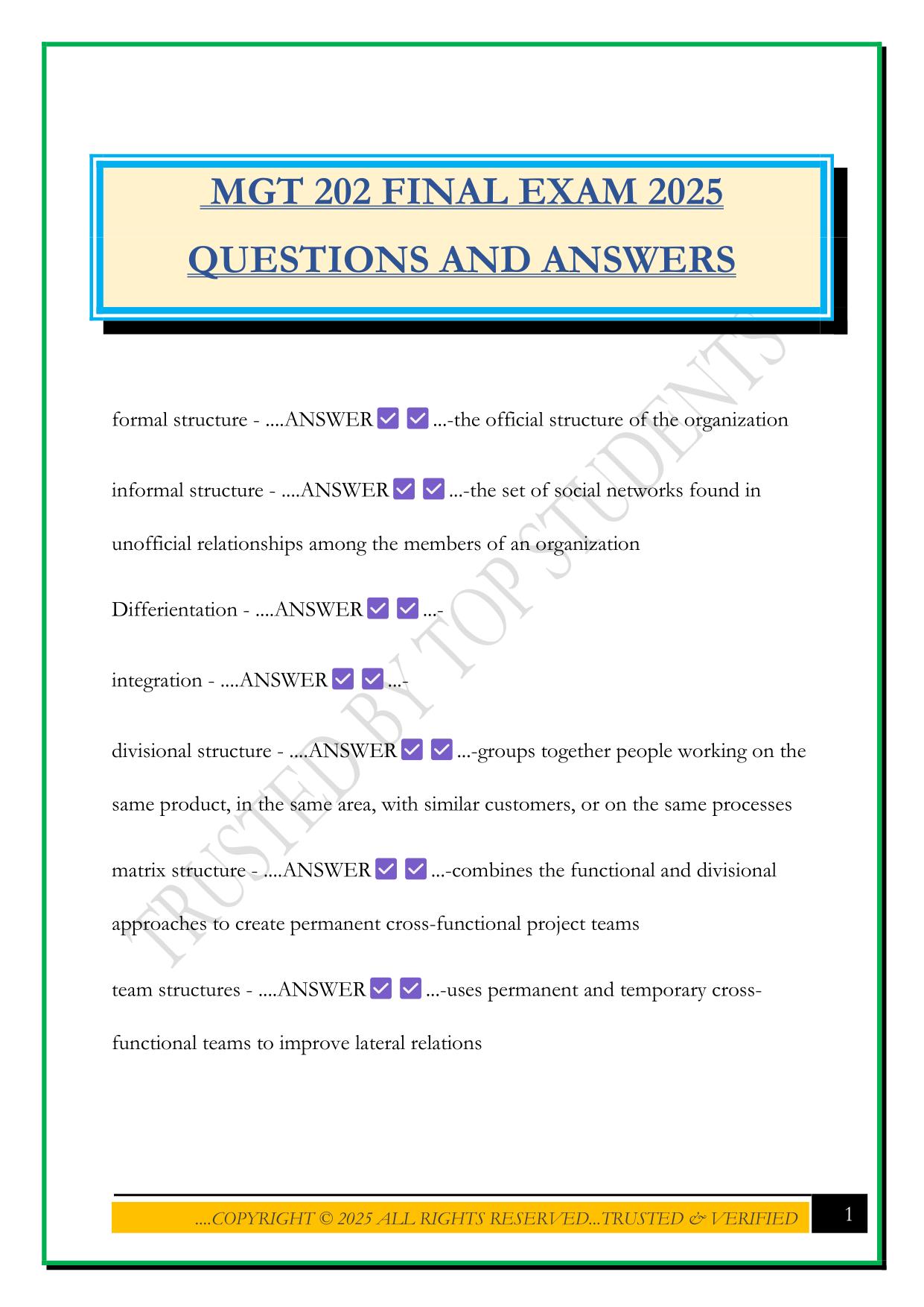 MGT 202 FINAL EXAM 2025 QUESTIONS AND ANSWERS