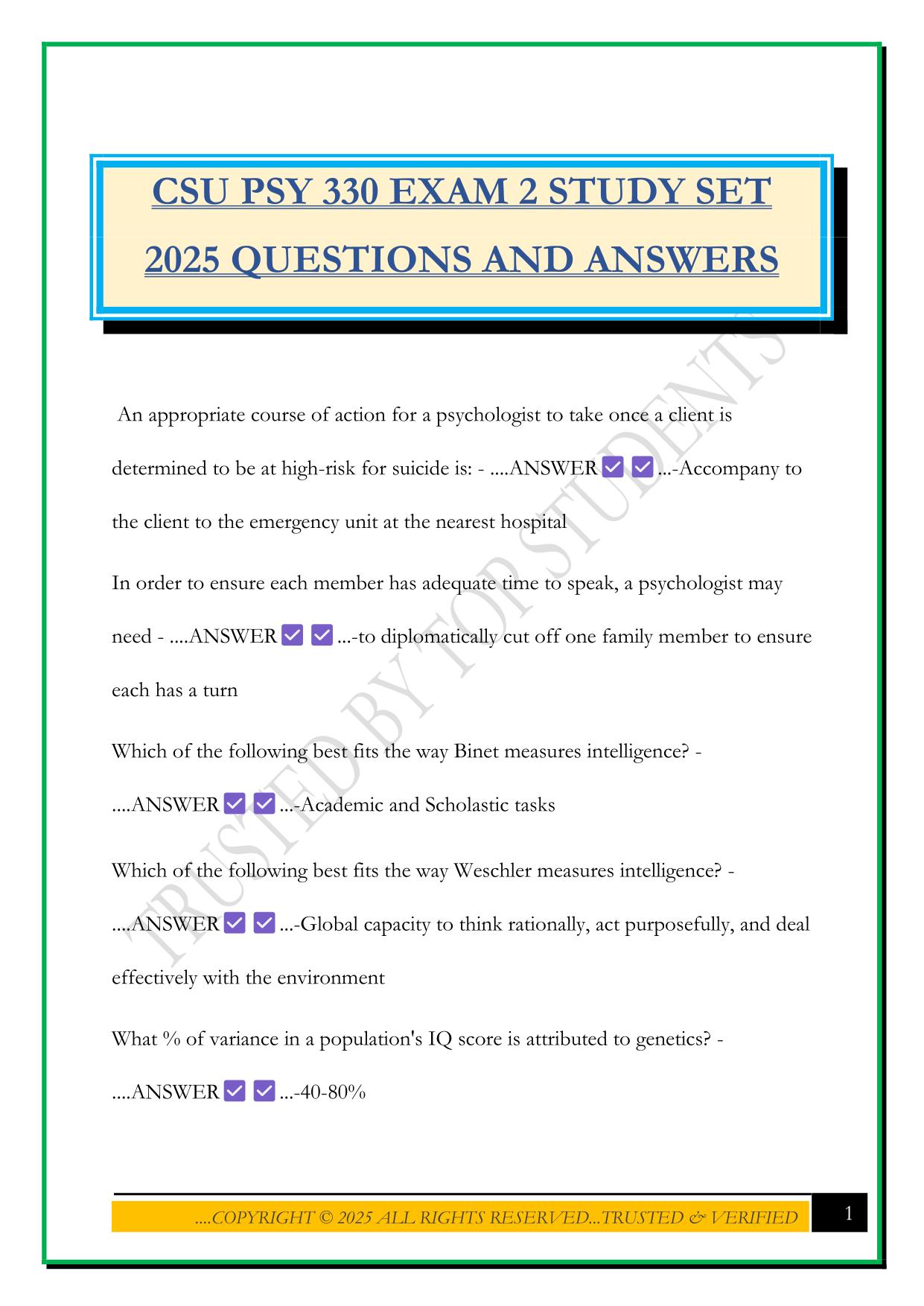 CSU PSY 330 EXAM 2 STUDY SET 2025 QUESTIONS AND ANSWERS