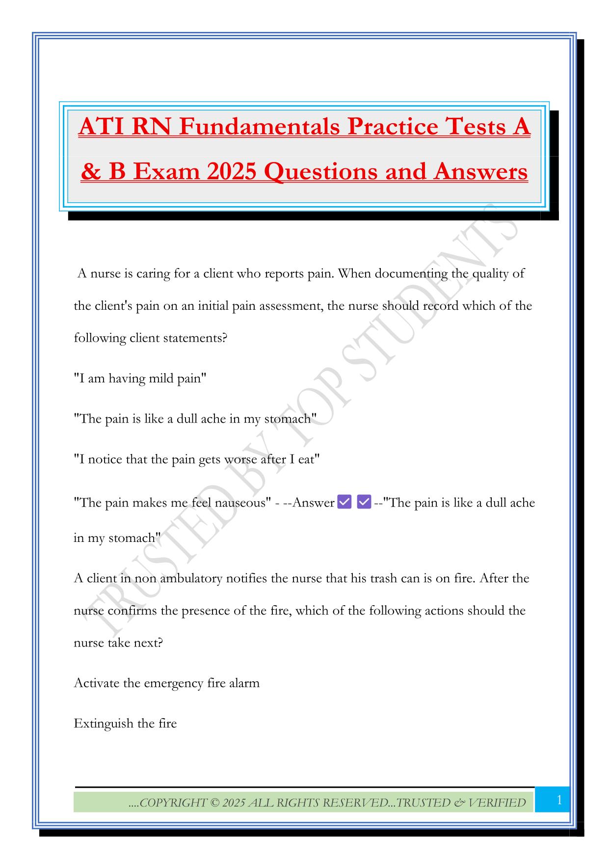 ATI RN Fundamentals Practice Tests A & B Exam 2025 Questions and Answers