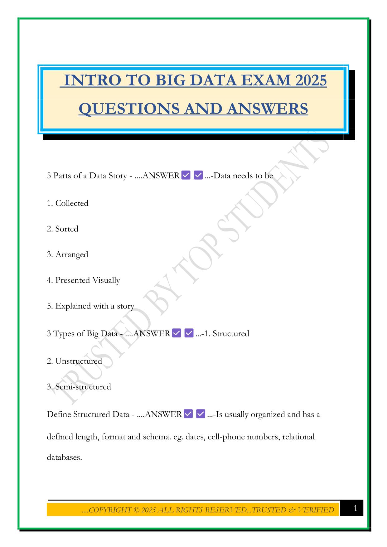 INTRO TO BIG DATA EXAM 2025 QUESTIONS AND ANSWERS