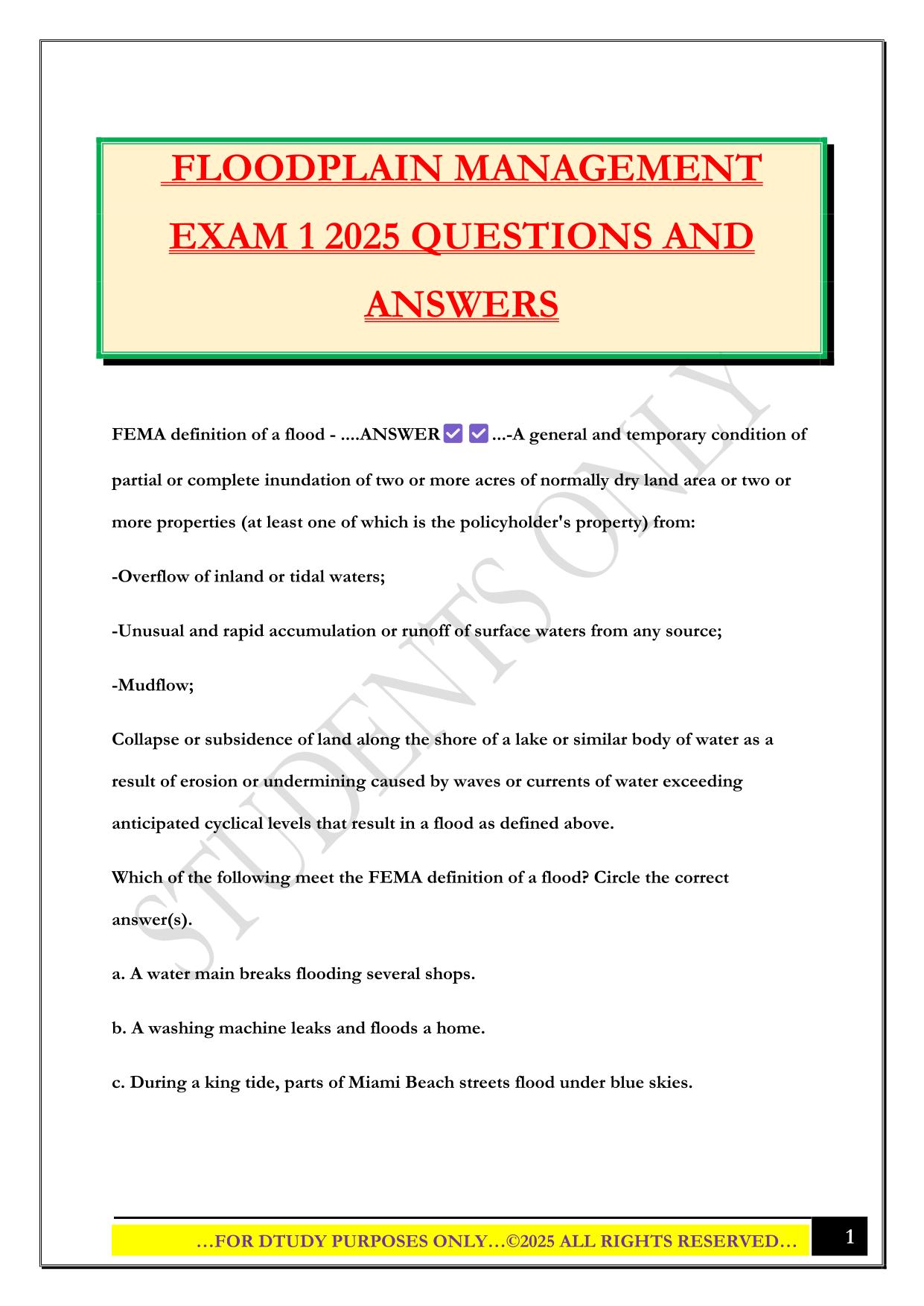 FLOODPLAIN MANAGEMENT EXAM 1 2025 QUESTIONS AND ANSWERS