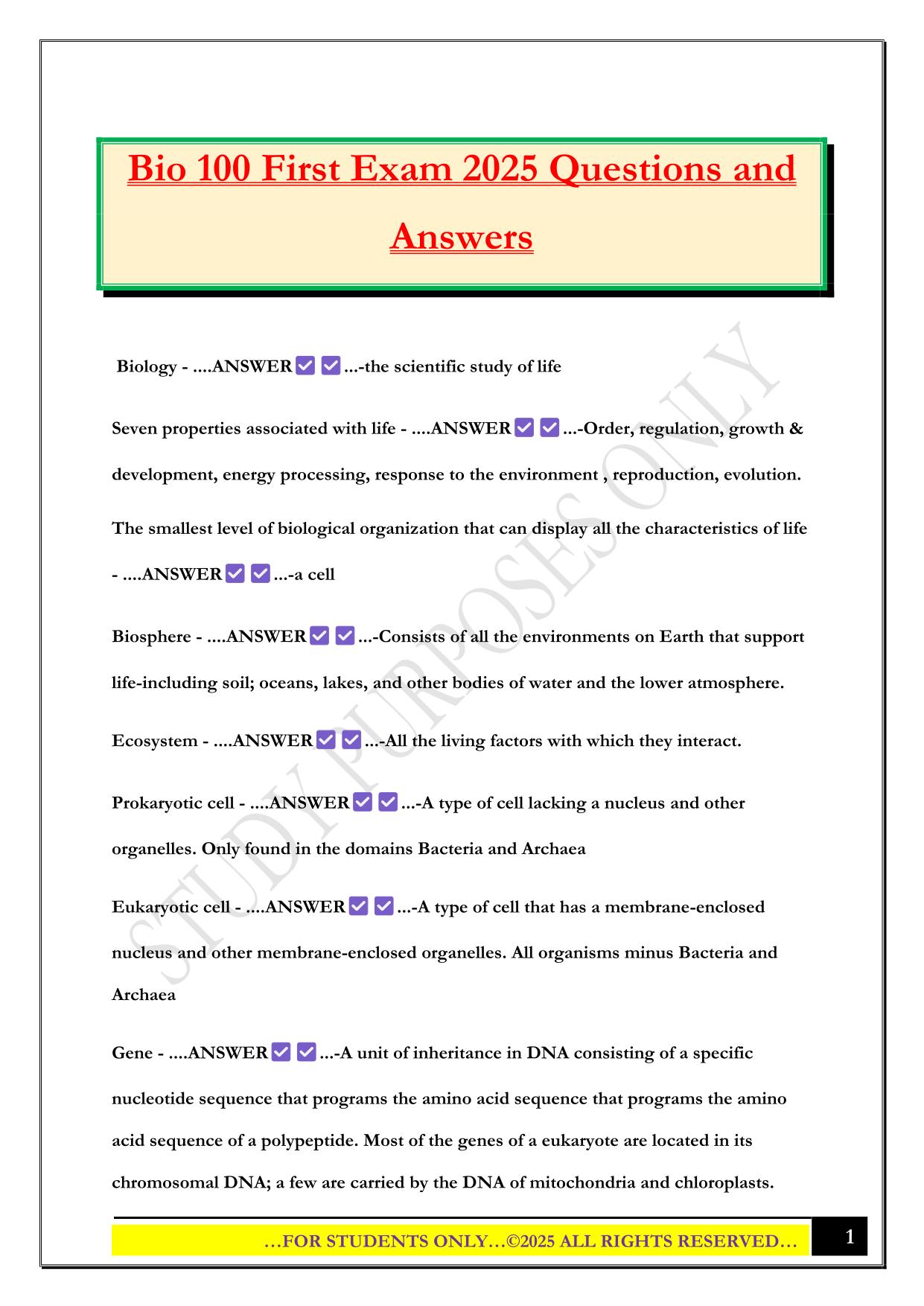 Bio 100 First Exam 2025 Questions and Answers
