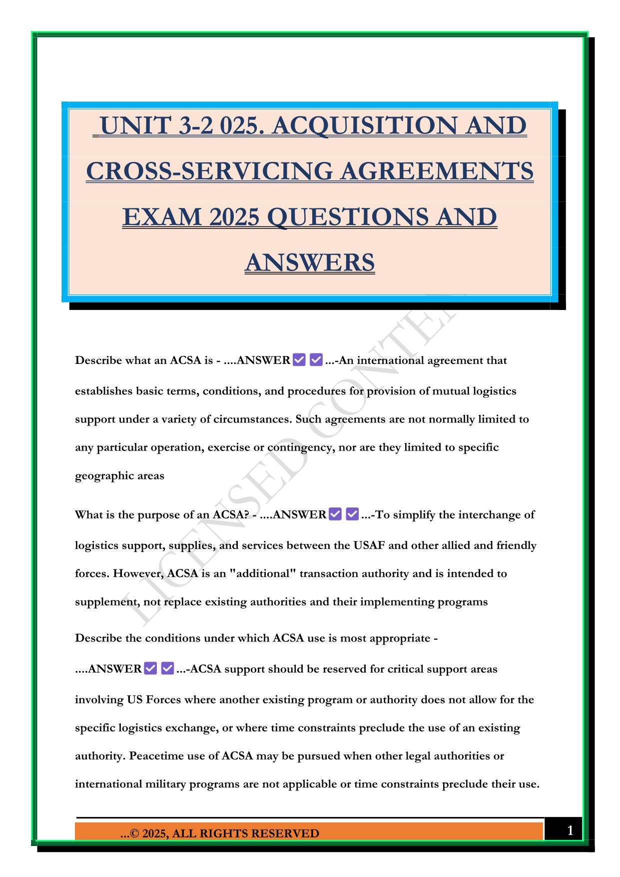 UNIT 3-2 025. ACQUISITION AND CROSS-SERVICING AGREEMENTS EXAM 2025 QUESTIONS AND ANSWERS
