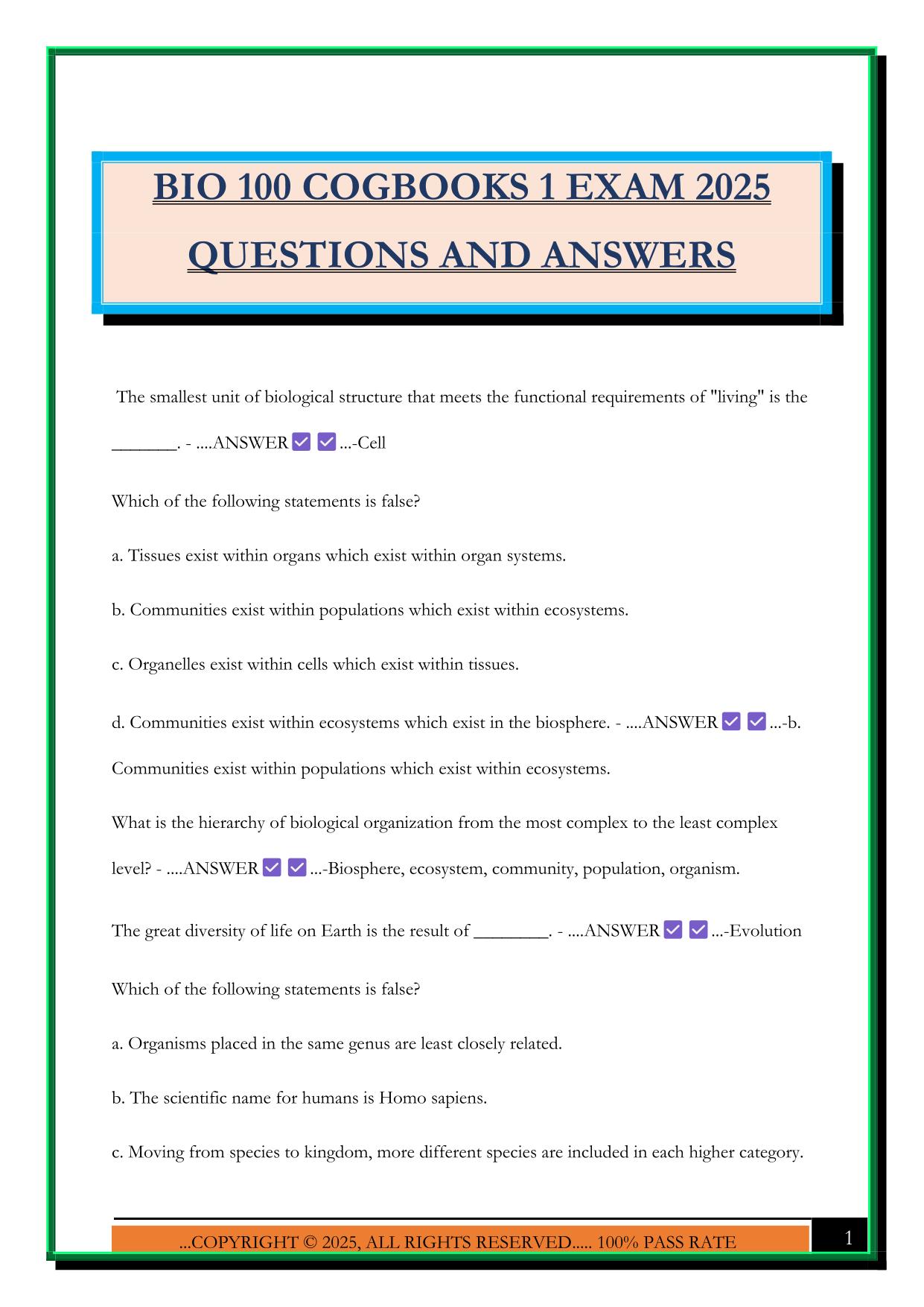 BIO 100 COGBOOKS 1 EXAM 2025 QUESTIONS AND ANSWERS