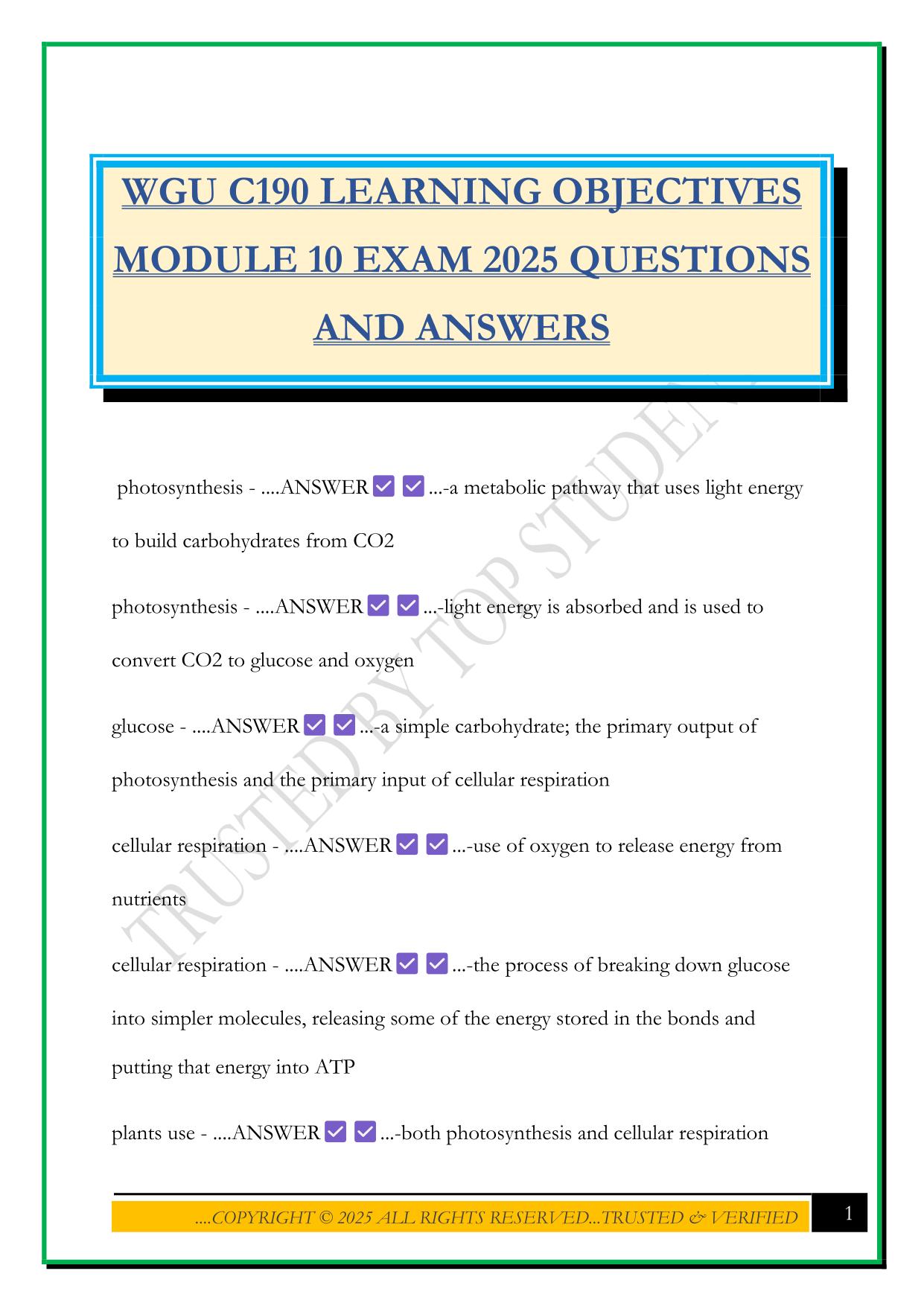 WGU C190 LEARNING OBJECTIVES MODULE 10 EXAM 2025 QUESTIONS AND ANSWERS
