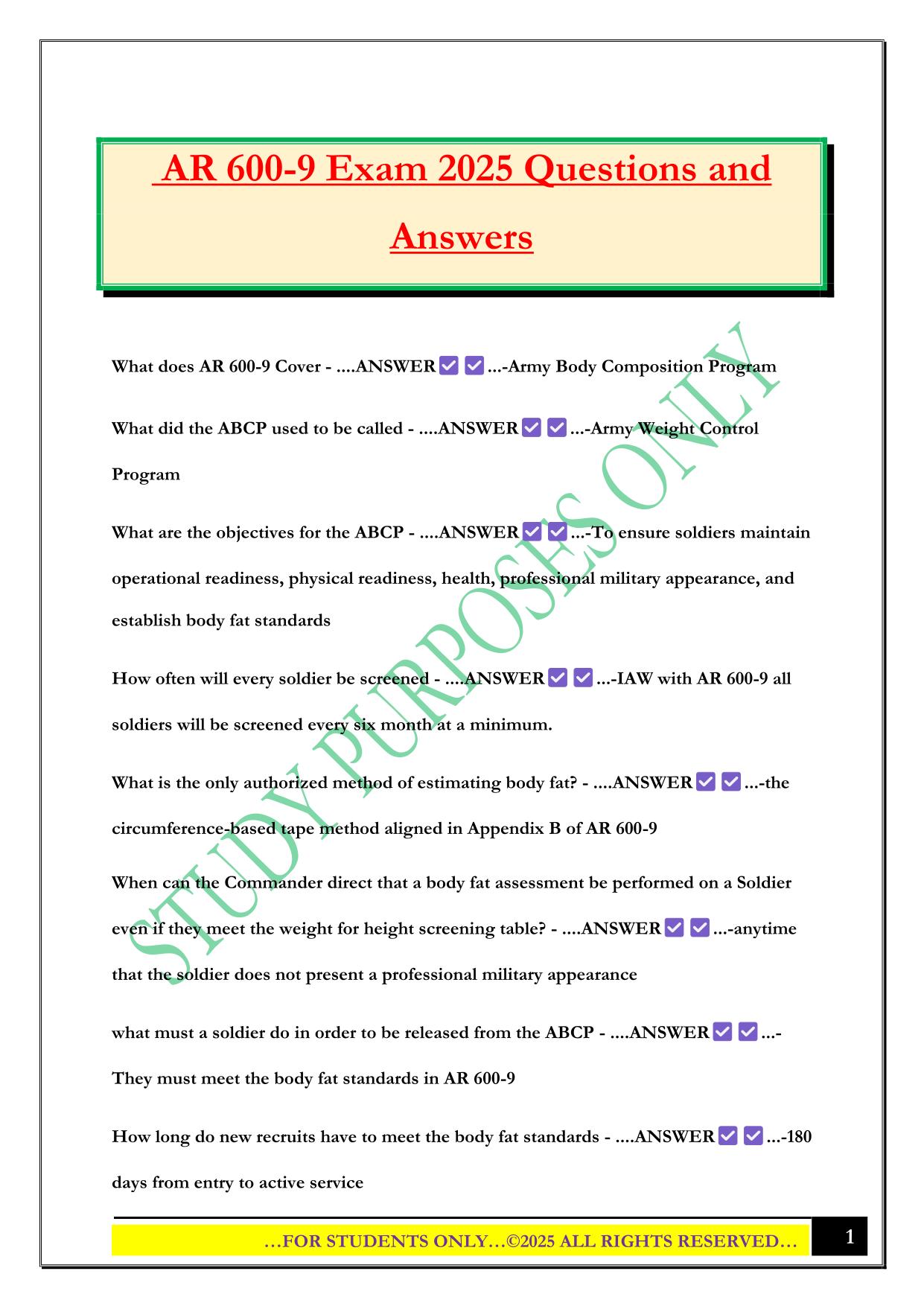 AR 600-9 Exam 2025 Questions and Answers