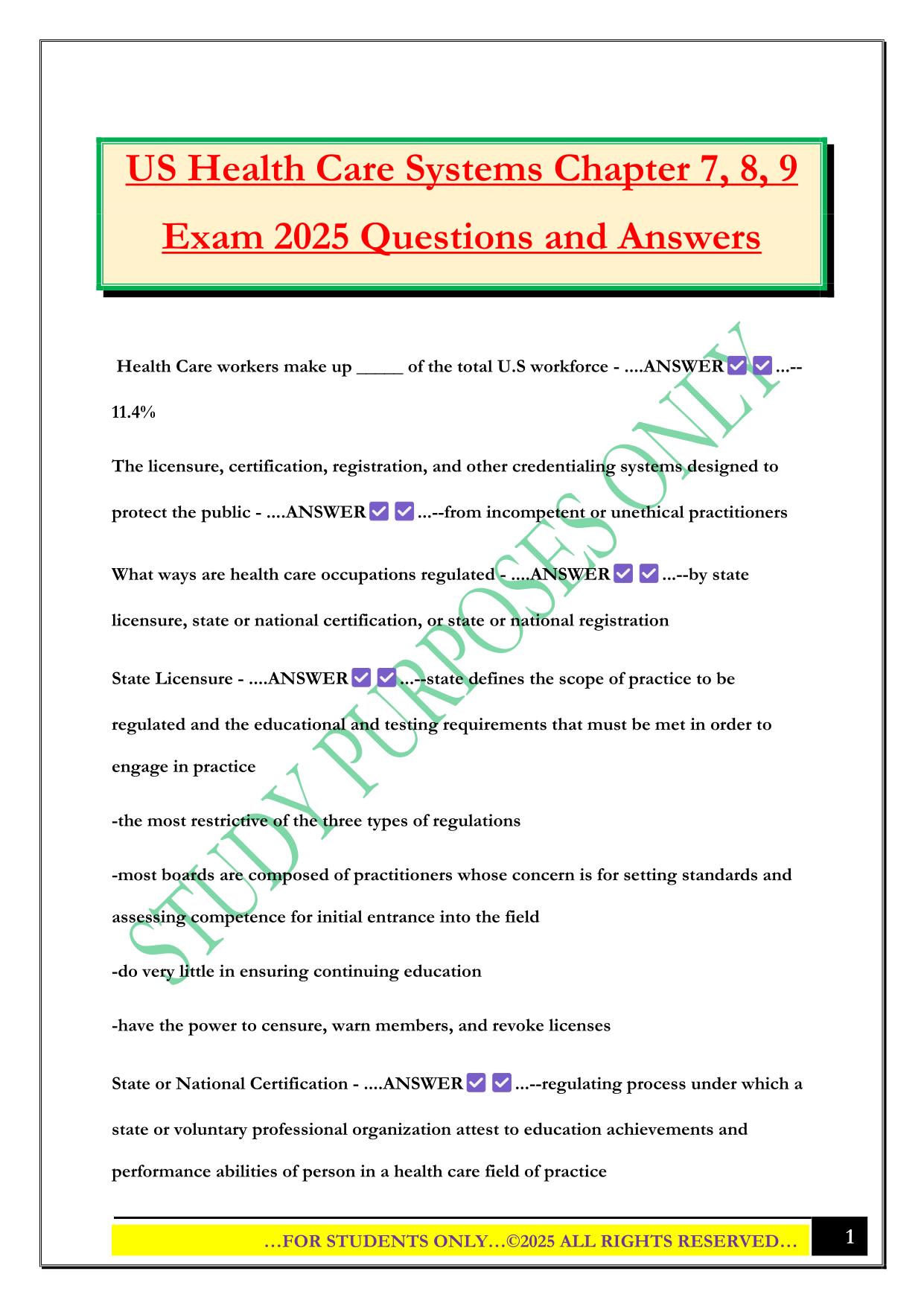 US Health Care Systems Chapter 7, 8, 9 Exam 2025 Questions and Answers