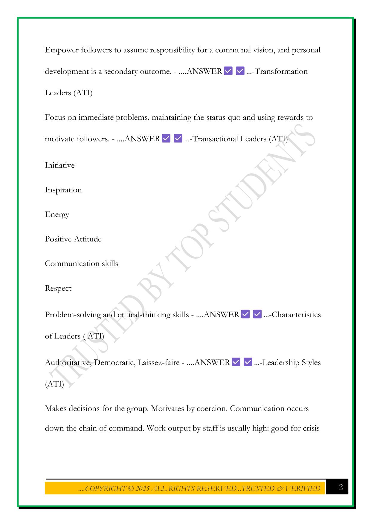 NURSING LEADERSHIP & MANAGEMENT: EXAM 1 2025 QUESTIONS AND ANSWERS