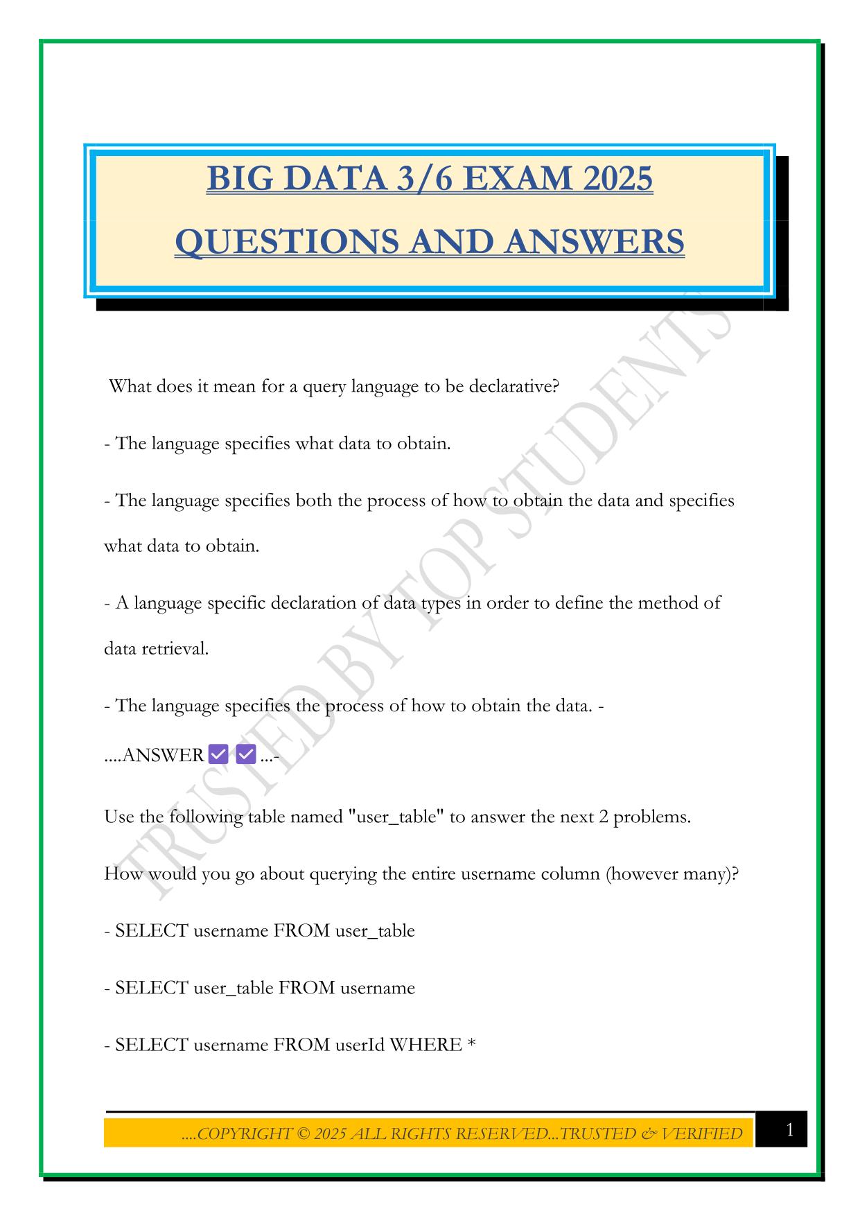 BIG DATA 3/6 EXAM 2025 QUESTIONS AND ANSWERS