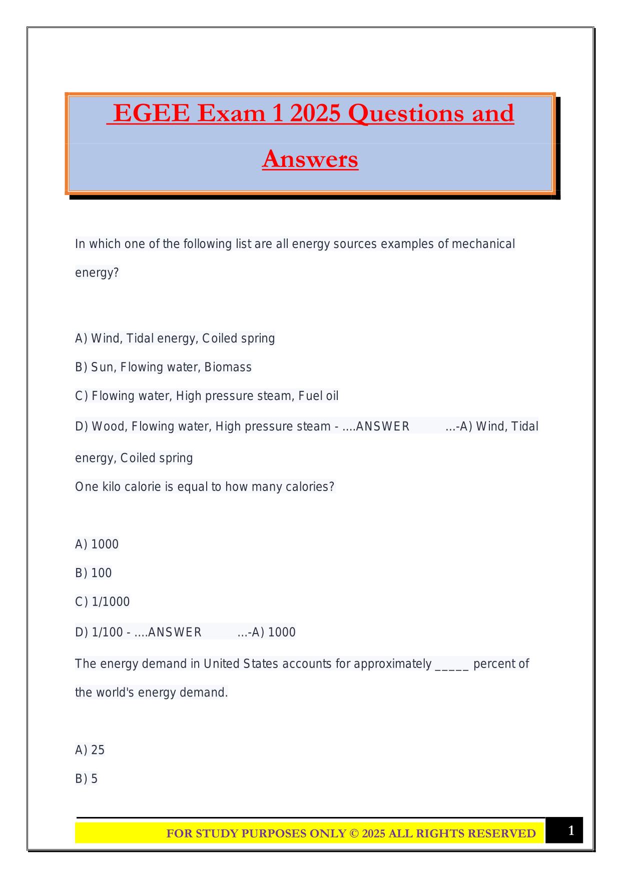 EGEE Exam 1 2025 Questions and Answers