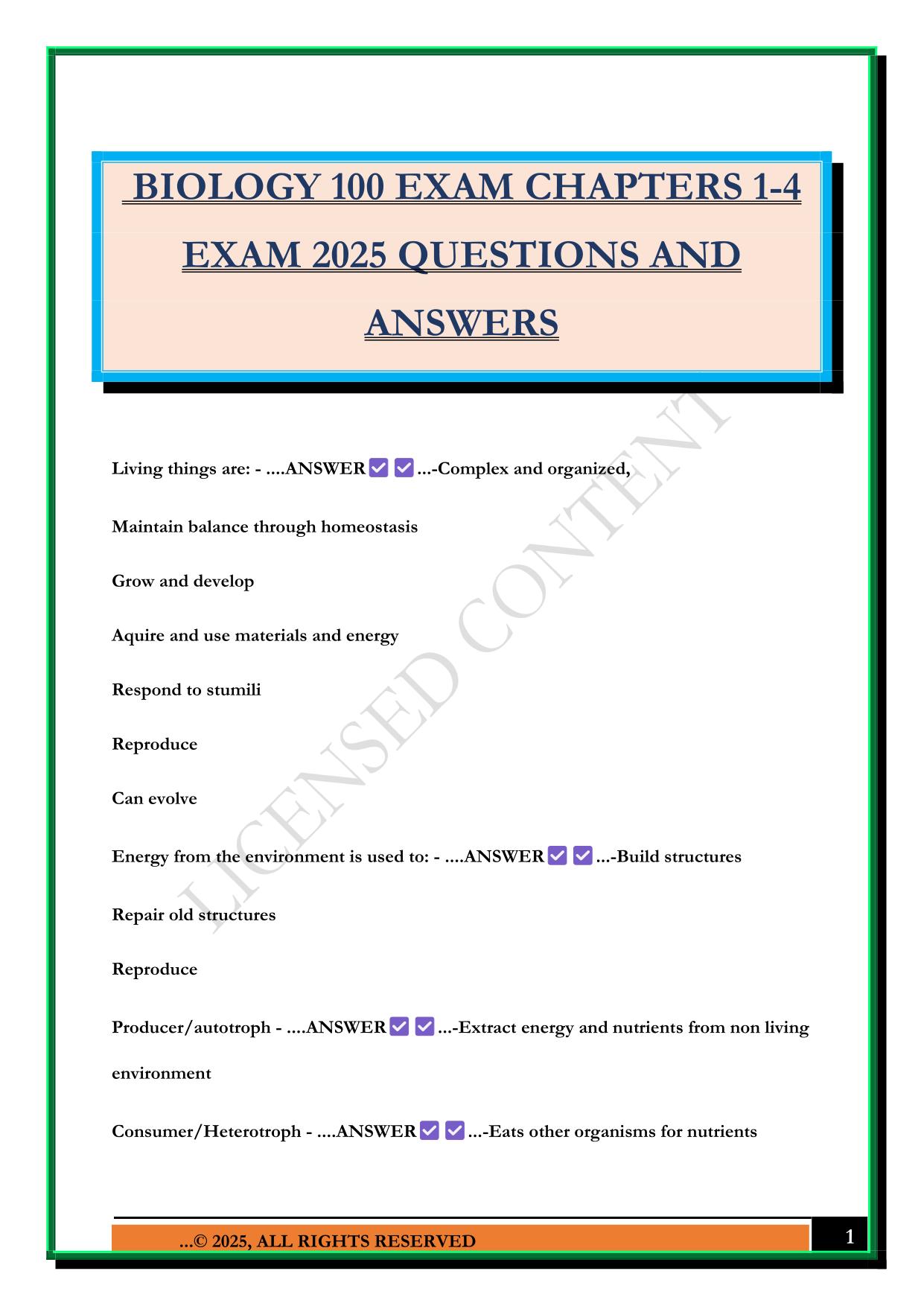 BIOLOGY 100 EXAM CHAPTERS 1-4 EXAM 2025 QUESTIONS AND ANSWERS