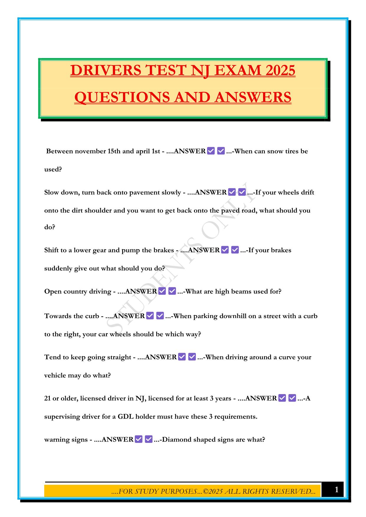 DRIVERS TEST NJ EXAM 2025 QUESTIONS AND ANSWERS