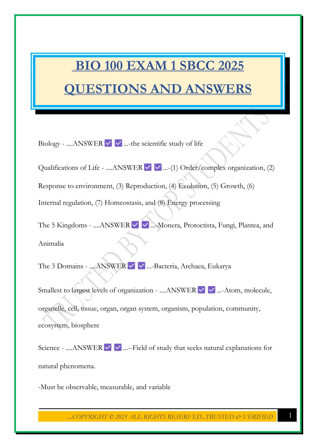 BIO 100 EXAM 1 SBCC 2025 QUESTIONS AND ANSWERS