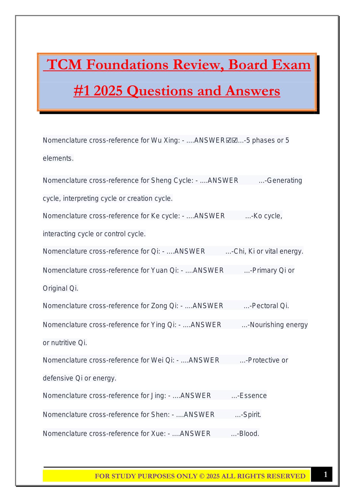 TCM Foundations Review, Board Exam #1 2025 Questions and Answers