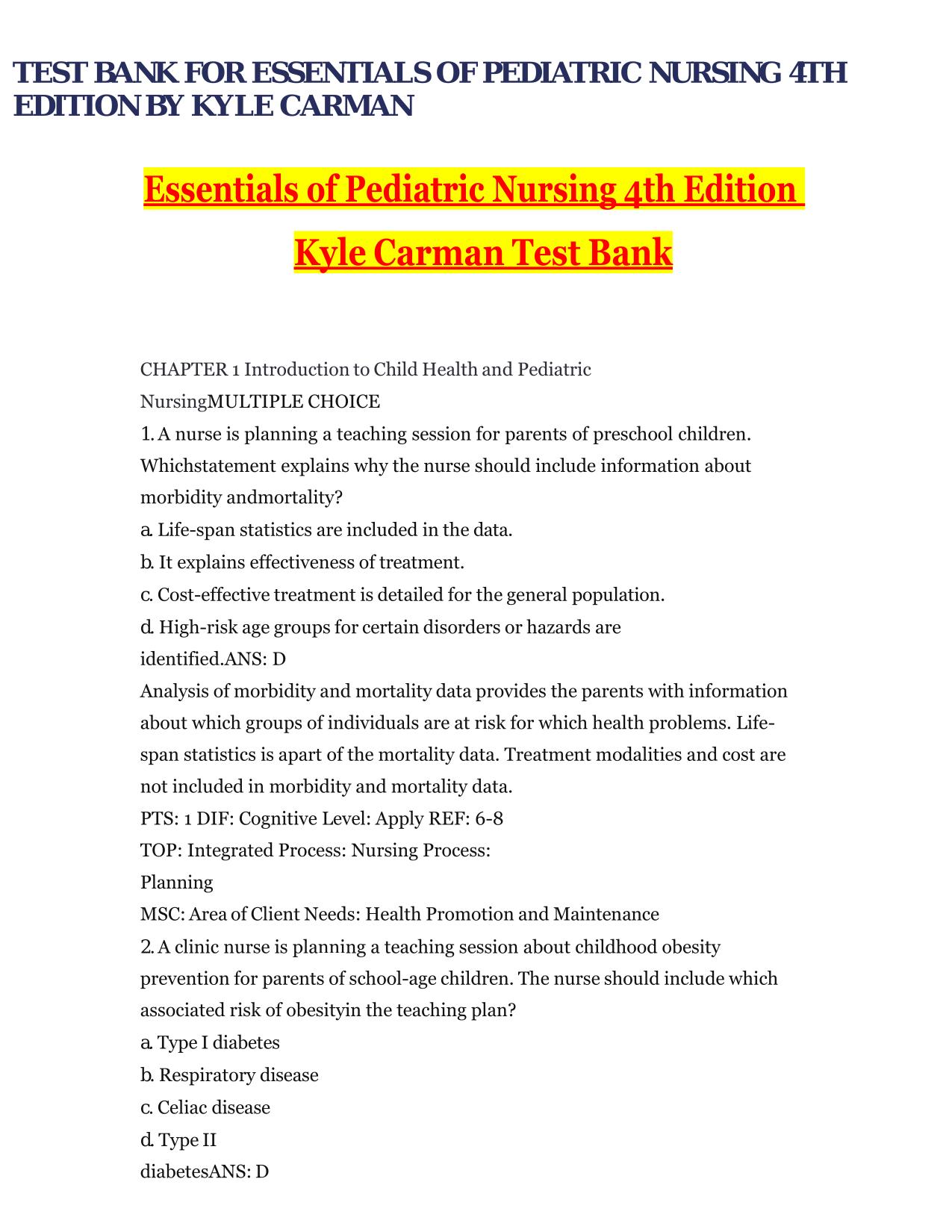 TEST BANK FOR ESSENTIALS OF PEDIATRIC NURSING 4TH EDITION BY KYLE CARMAN