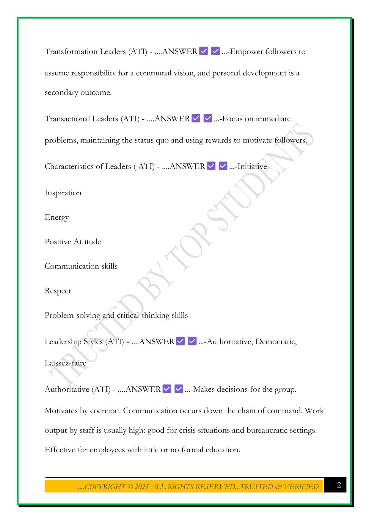 NURSING LEADERSHIP & MANAGEMENT: EXAM 1 2025 QUESTIONS AND ANSWERS
