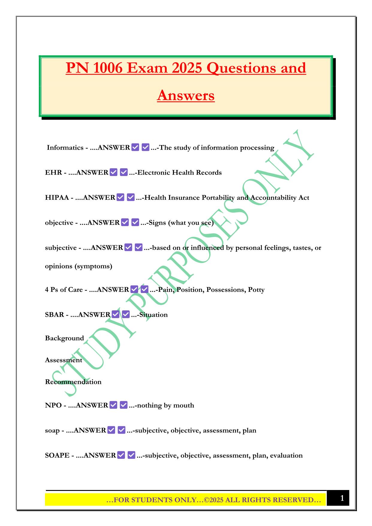 PN 1006 Exam 2025 Questions and Answers