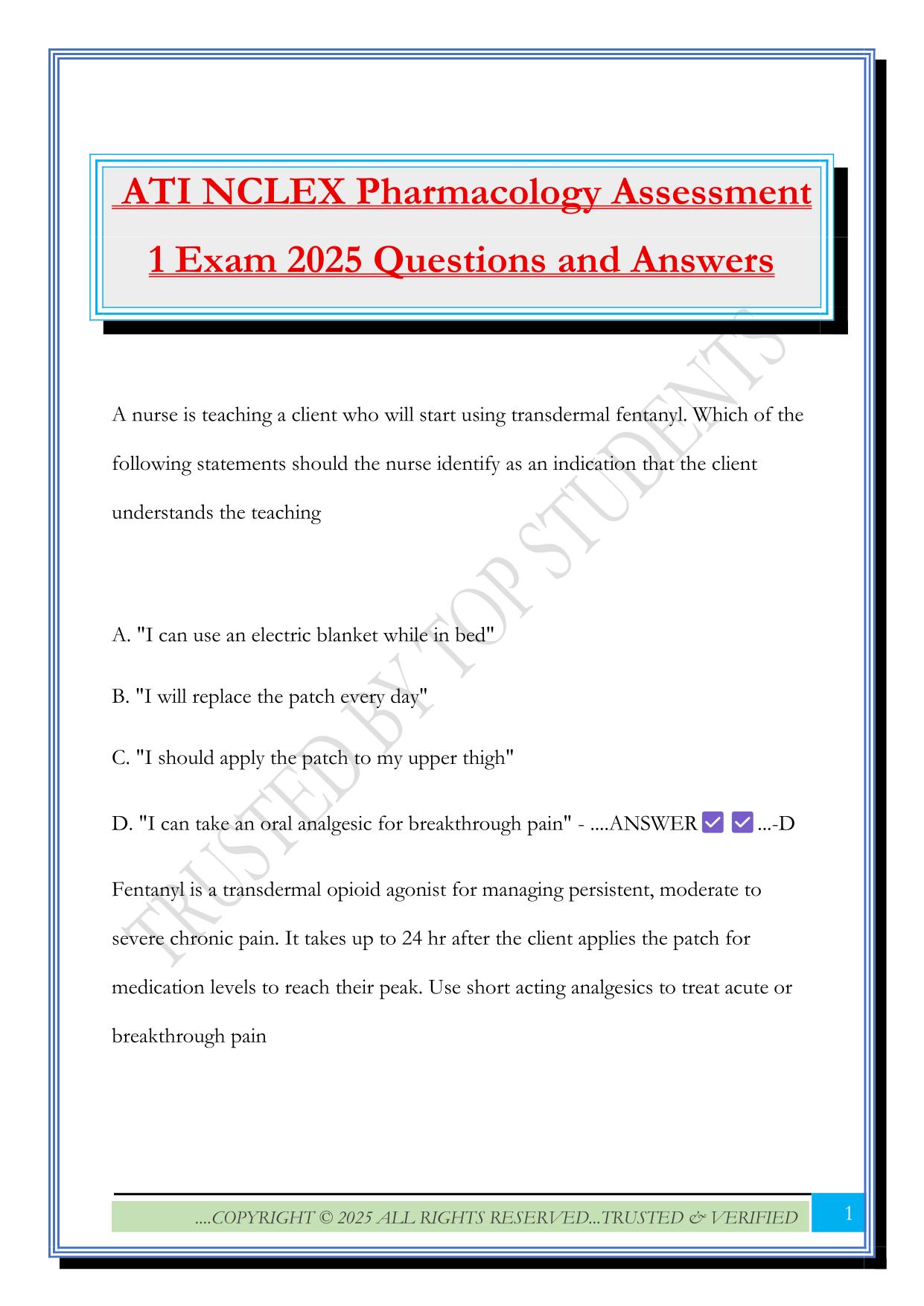 ATI NCLEX Pharmacology Assessment 1 Exam 2025 Questions and Answers