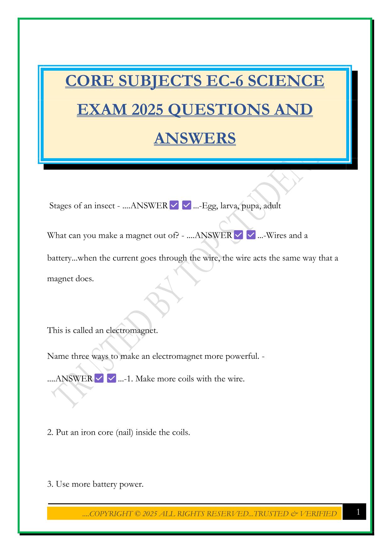 CORE SUBJECTS EC-6 SCIENCE EXAM 2025 QUESTIONS AND ANSWERS
