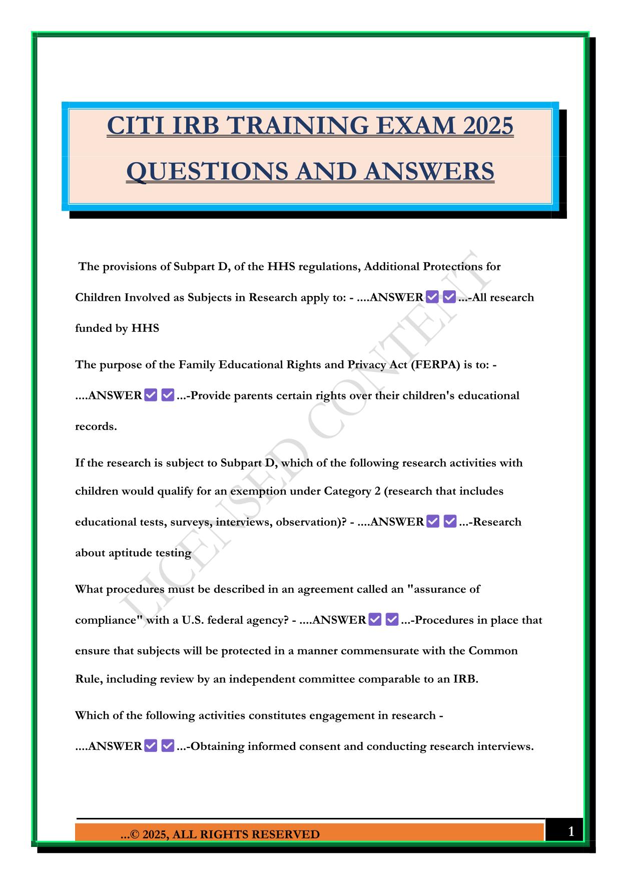 CITI IRB TRAINING EXAM 2025 QUESTIONS AND ANSWERS