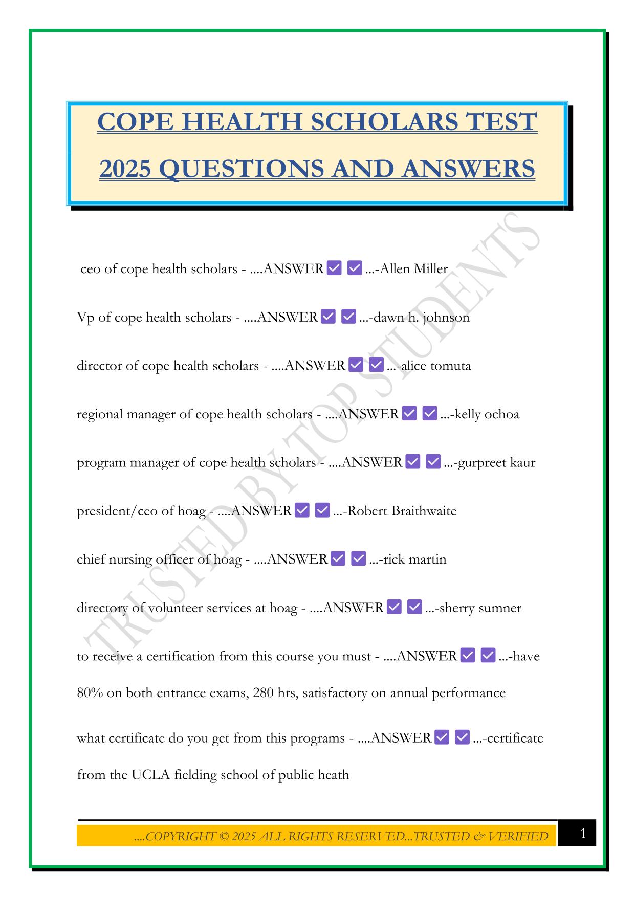 COPE HEALTH SCHOLARS TEST 2025 QUESTIONS AND ANSWERS