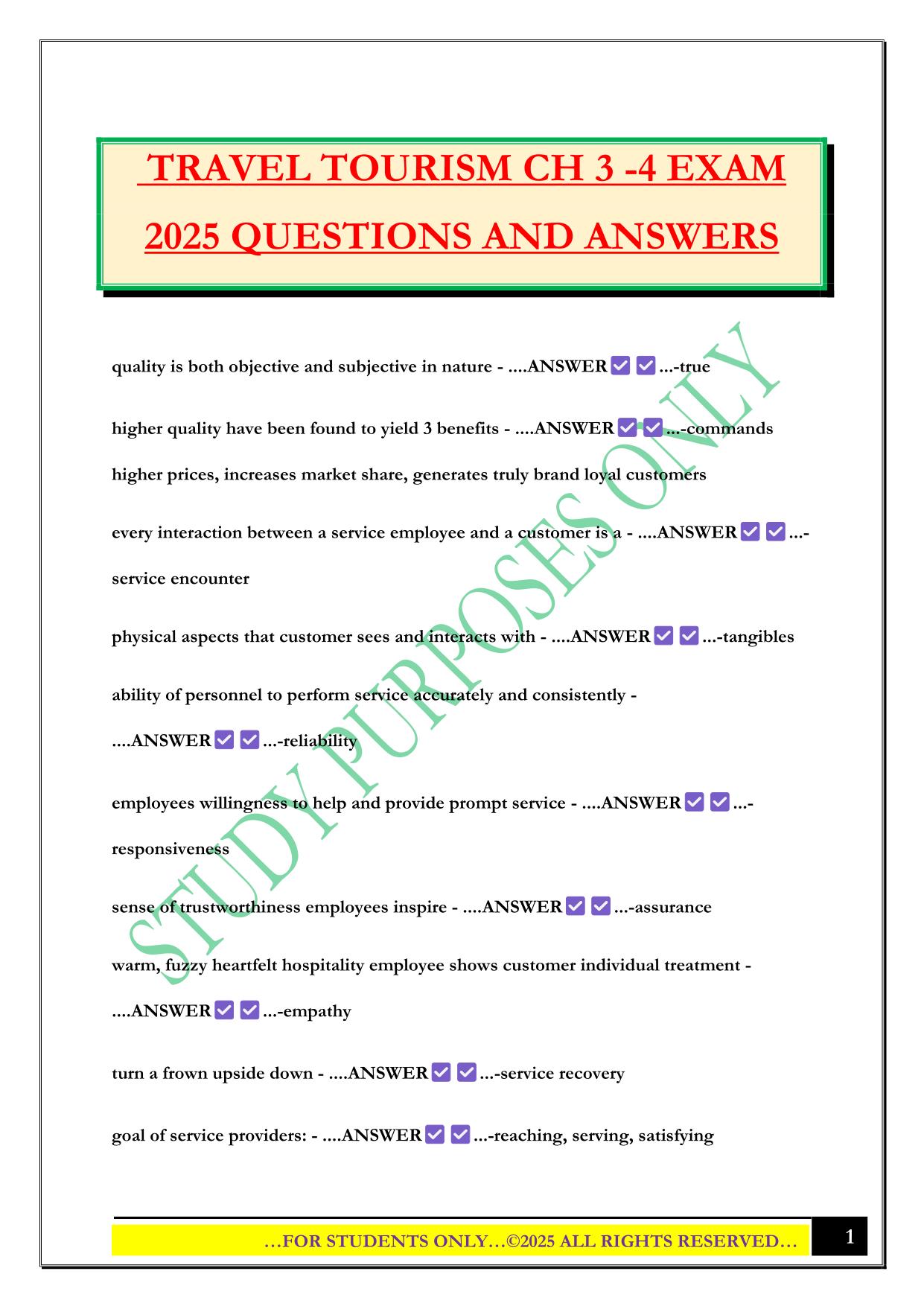 TRAVEL TOURISM CH 3 -4 EXAM 2025 QUESTIONS AND ANSWERS