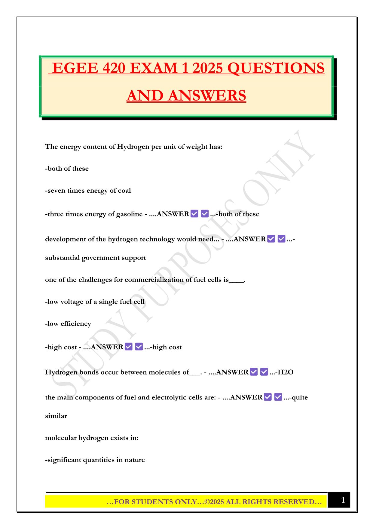 EGEE 420 EXAM 1 2025 QUESTIONS AND ANSWERS