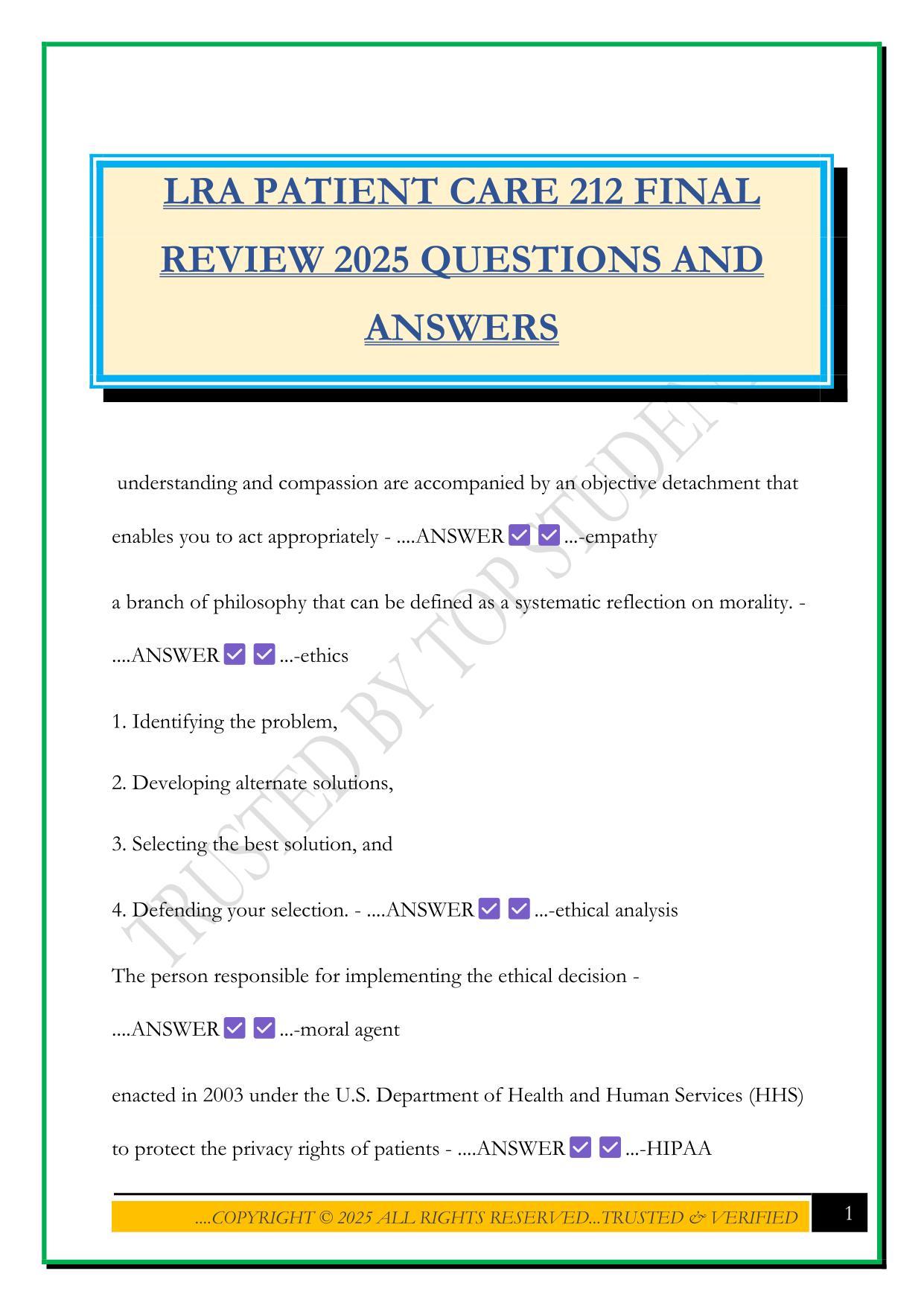 LRA PATIENT CARE 212 FINAL REVIEW 2025 QUESTIONS AND ANSWERS