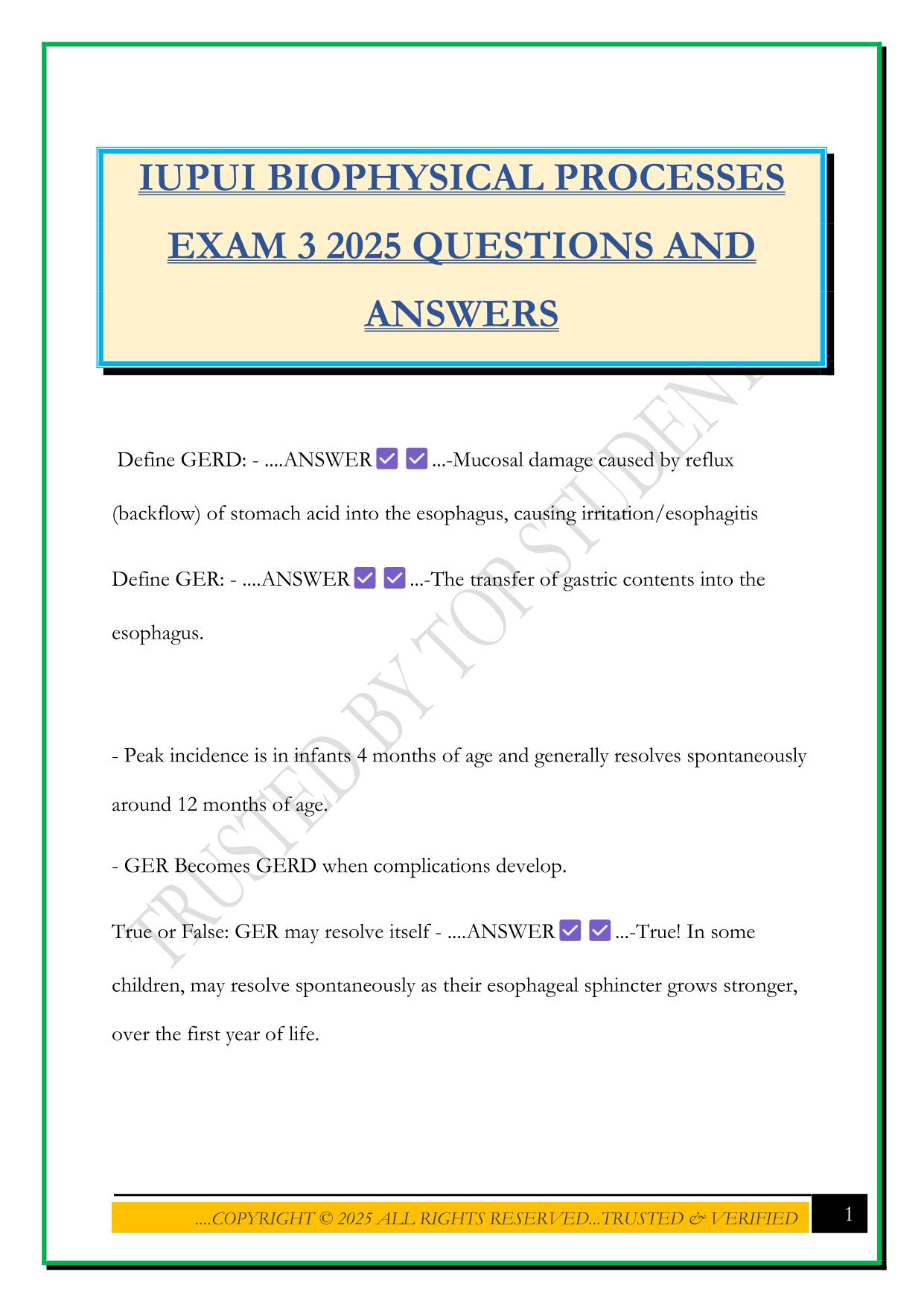 IUPUI BIOPHYSICAL PROCESSES EXAM 3 2025 QUESTIONS AND ANSWERS