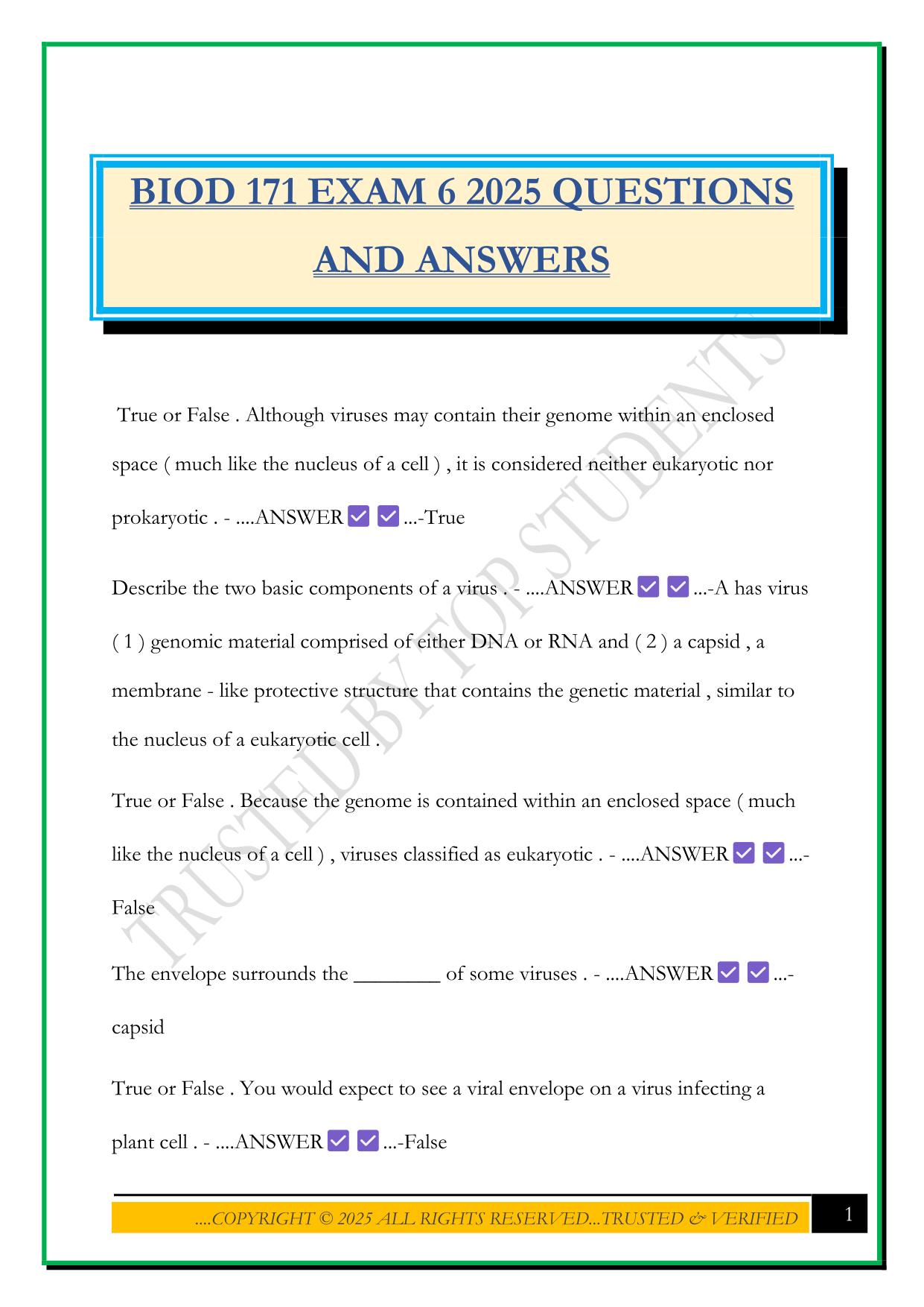 BIOD 171 EXAM 6 2025 QUESTIONS AND ANSWERS
