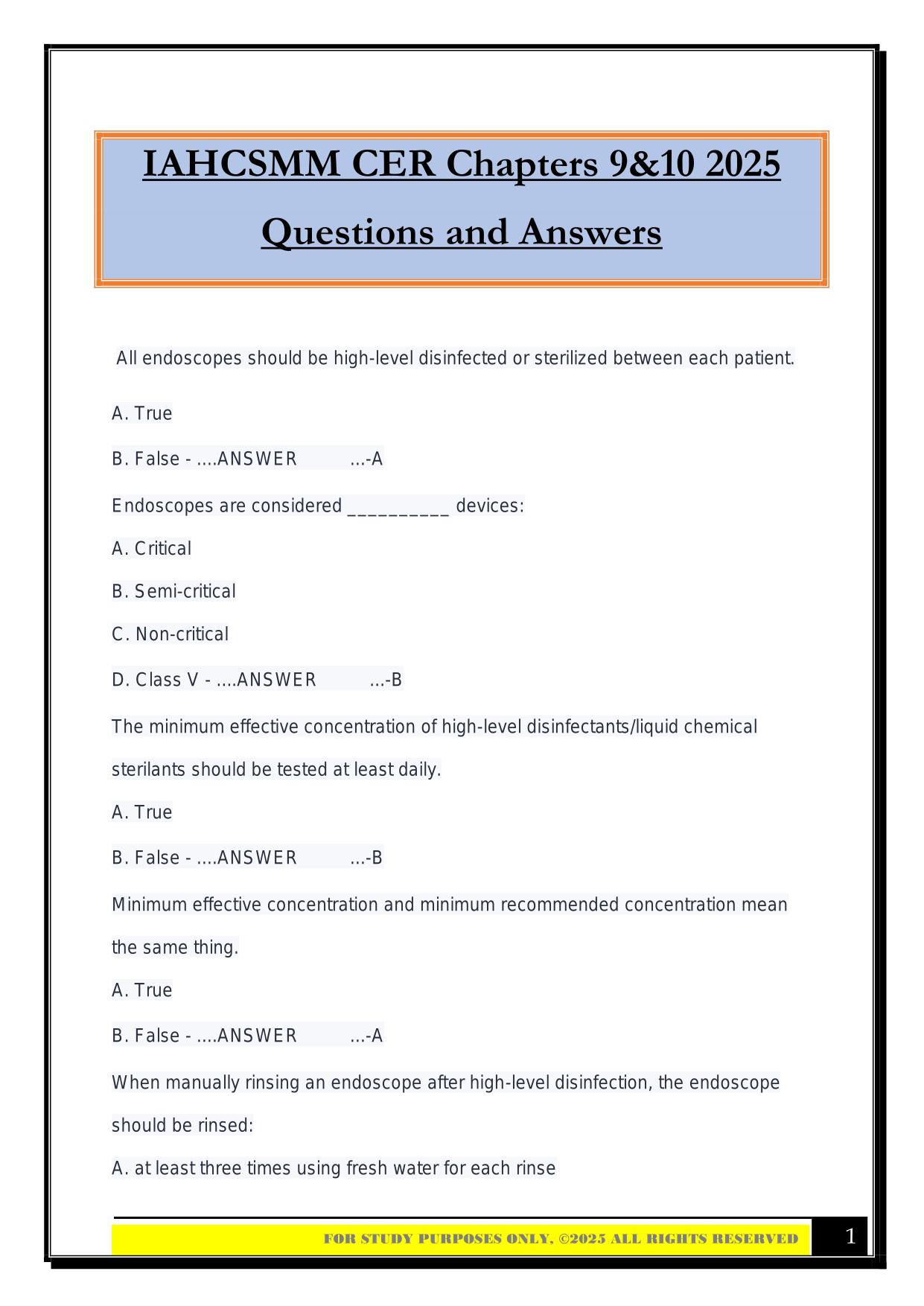 IAHCSMM CER Chapters 9&10 2025 Questions and Answers
