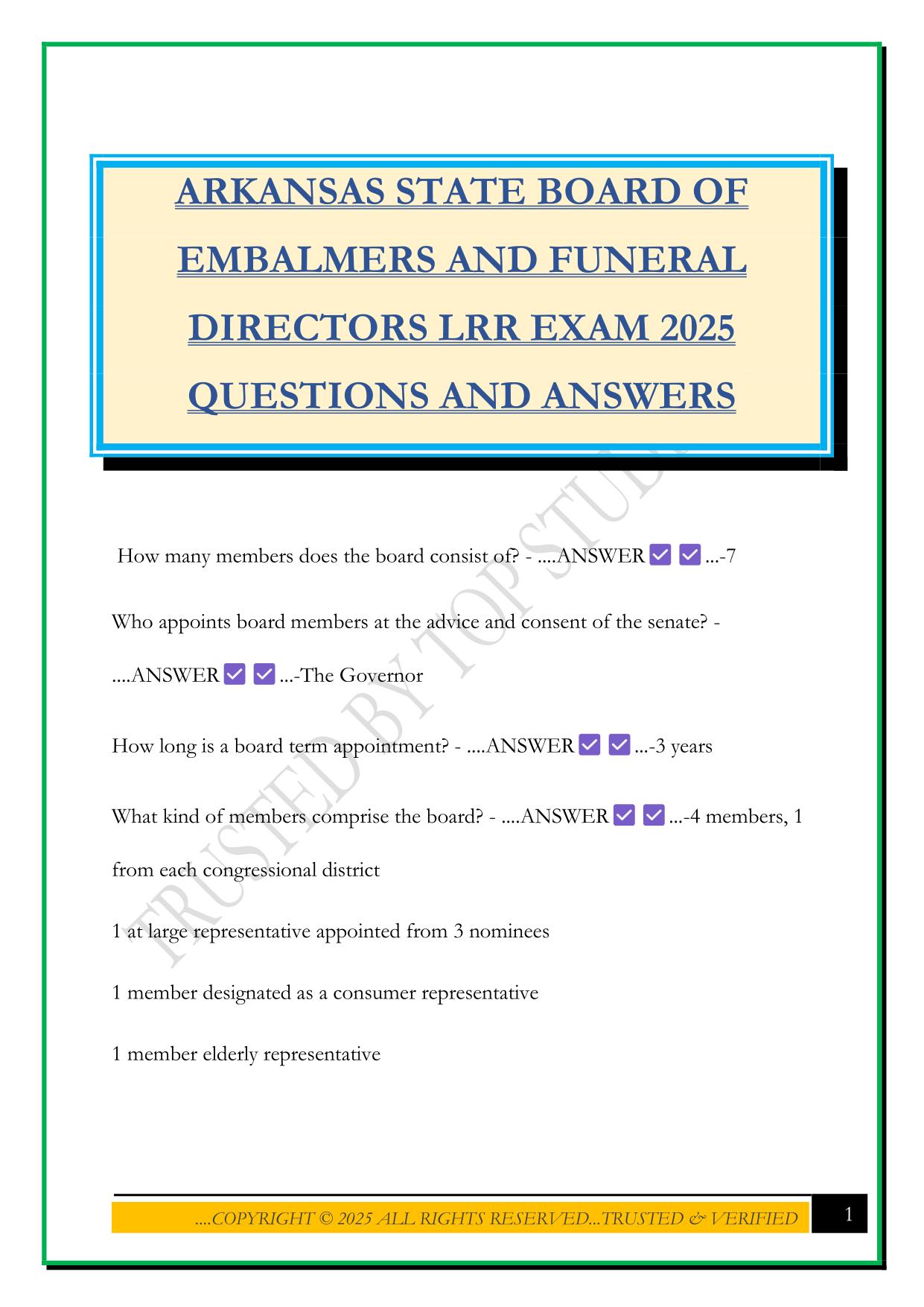 ARKANSAS STATE BOARD OF EMBALMERS AND FUNERAL DIRECTORS LRR EXAM 2025 QUESTIONS AND ANSWERS
