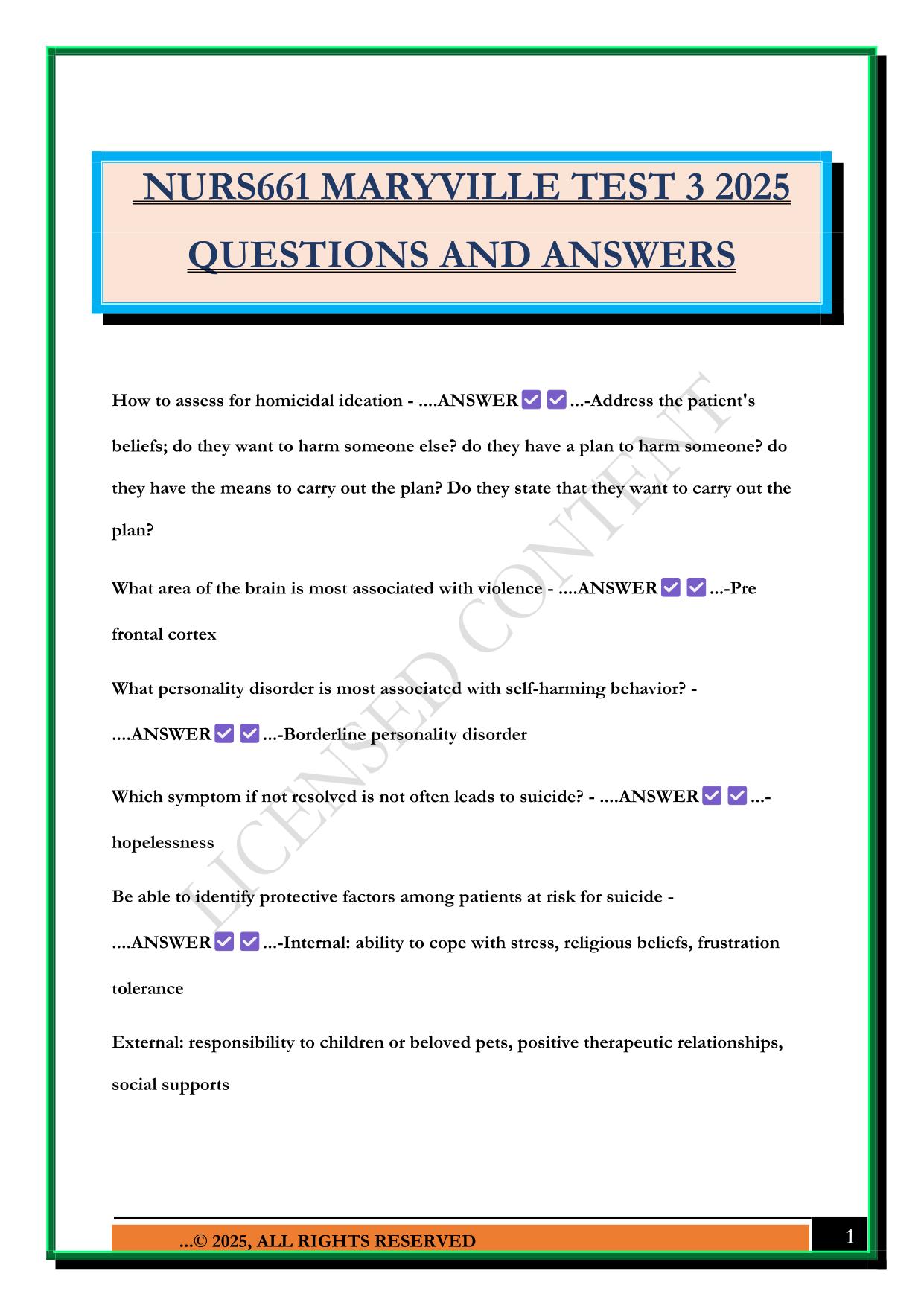 NURS661 MARYVILLE TEST 3 2025 QUESTIONS AND ANSWERS
