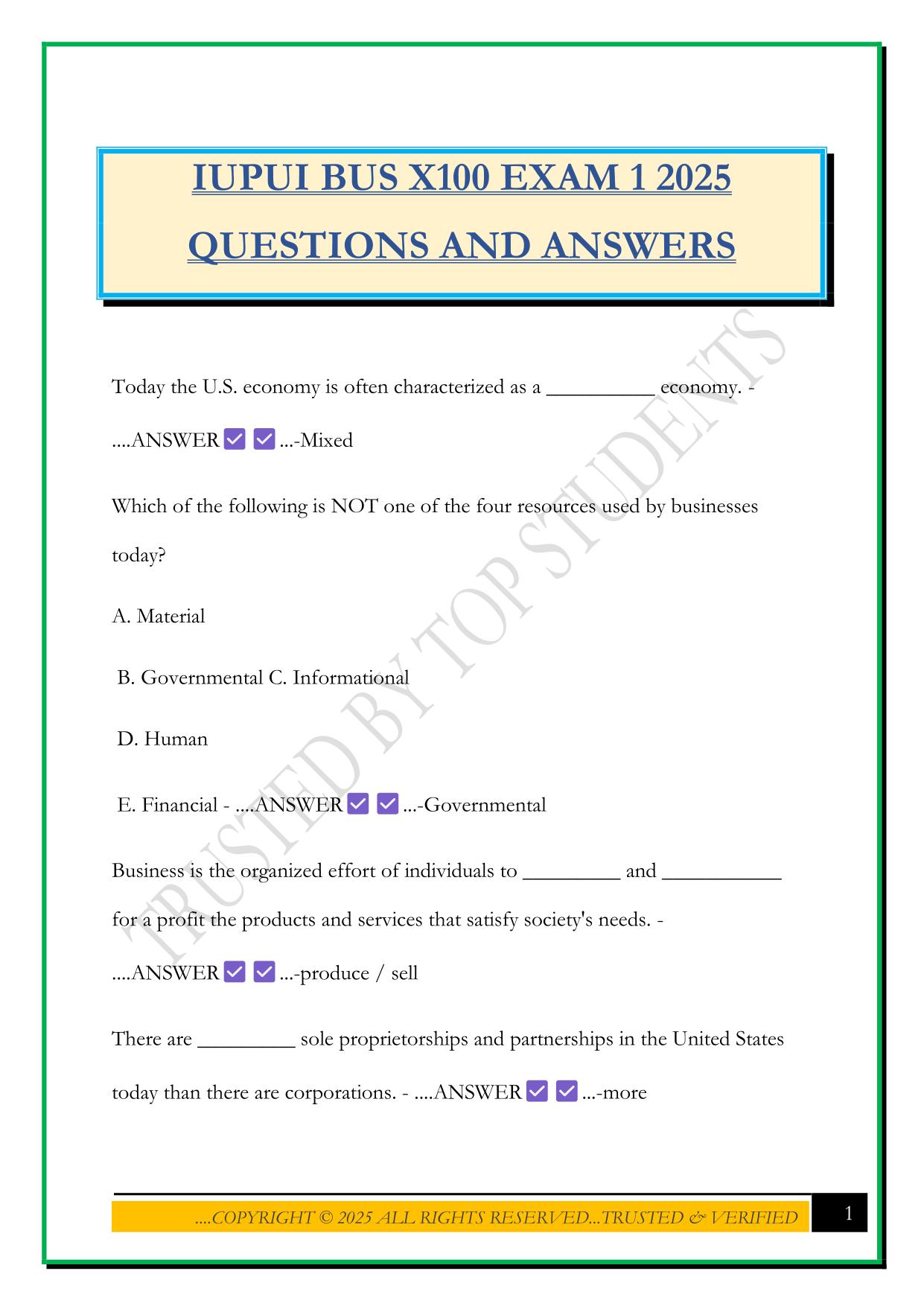 IUPUI BUS X100 EXAM 1 2025 QUESTIONS AND ANSWERS