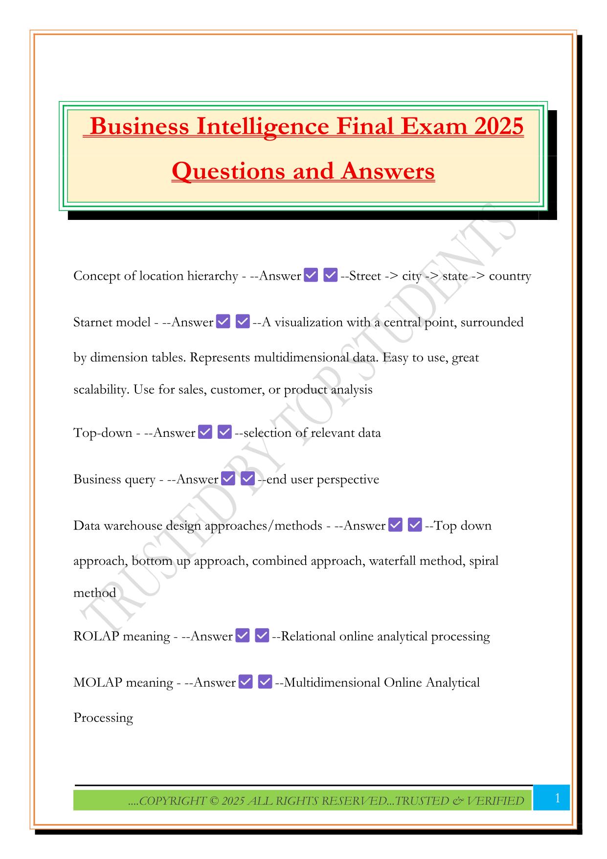 Business Intelligence Final Exam 2025 Questions and Answers