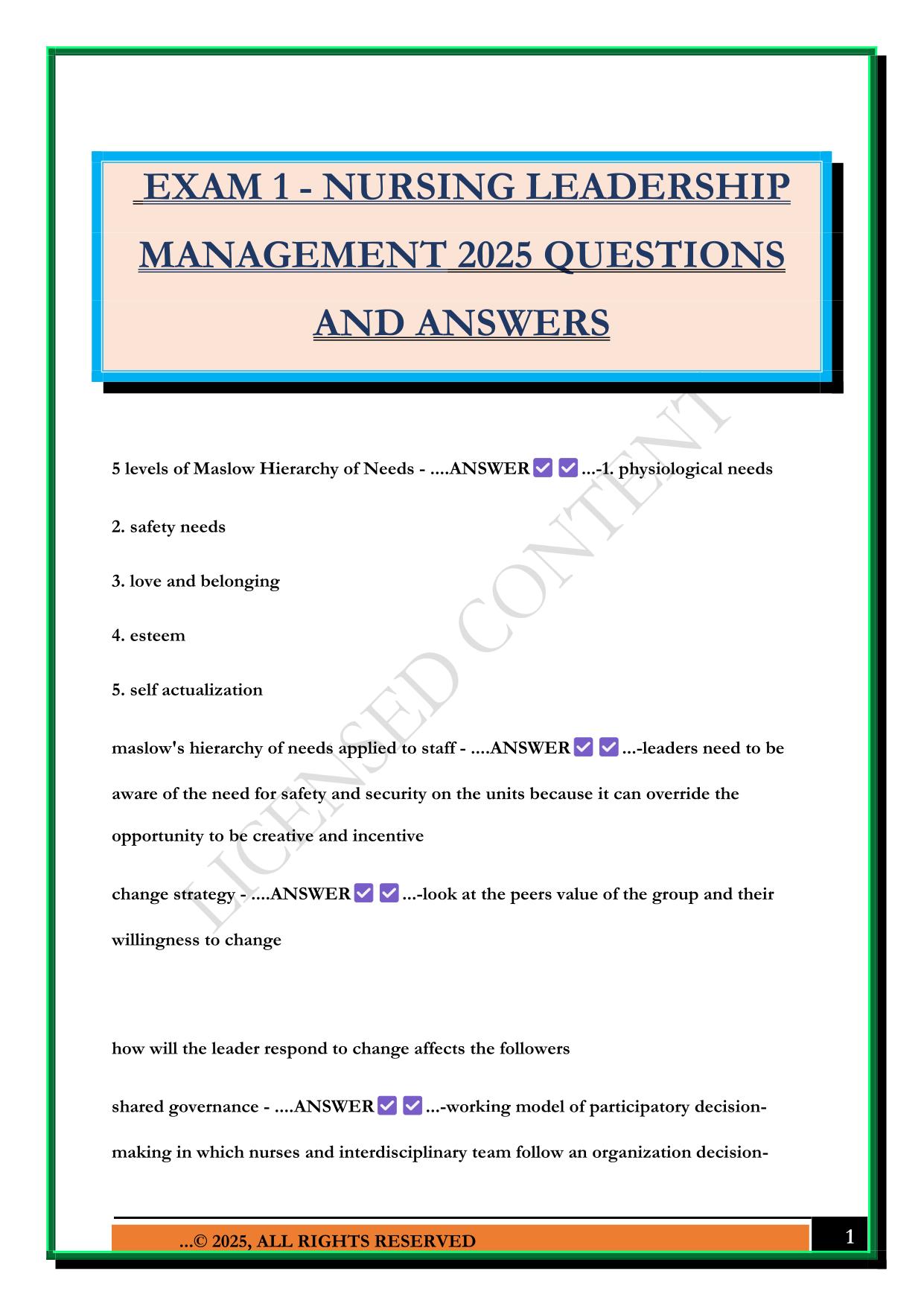 EXAM 1 - NURSING LEADERSHIP MANAGEMENT 2025 QUESTIONS AND ANSWERS