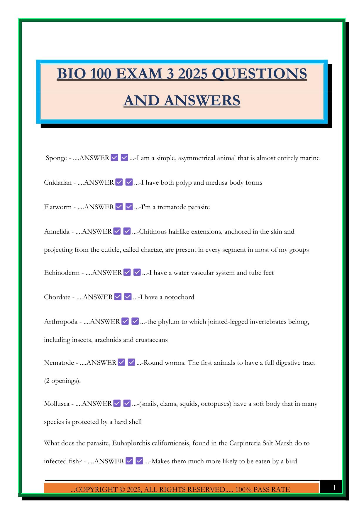 BIO 100 EXAM 3 2025 QUESTIONS AND ANSWERS