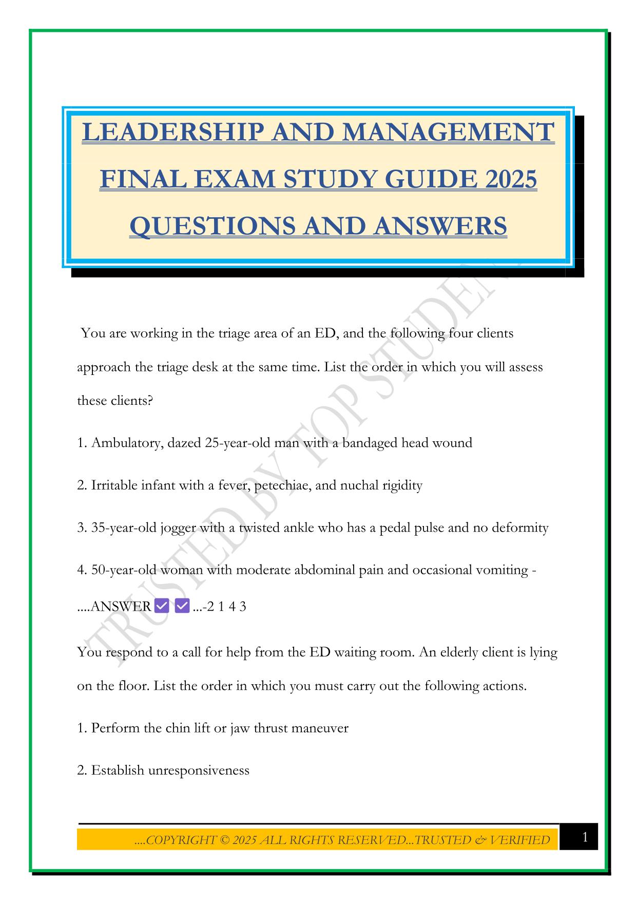 LEADERSHIP AND MANAGEMENT FINAL EXAM STUDY GUIDE 2025 QUESTIONS AND ANSWERS