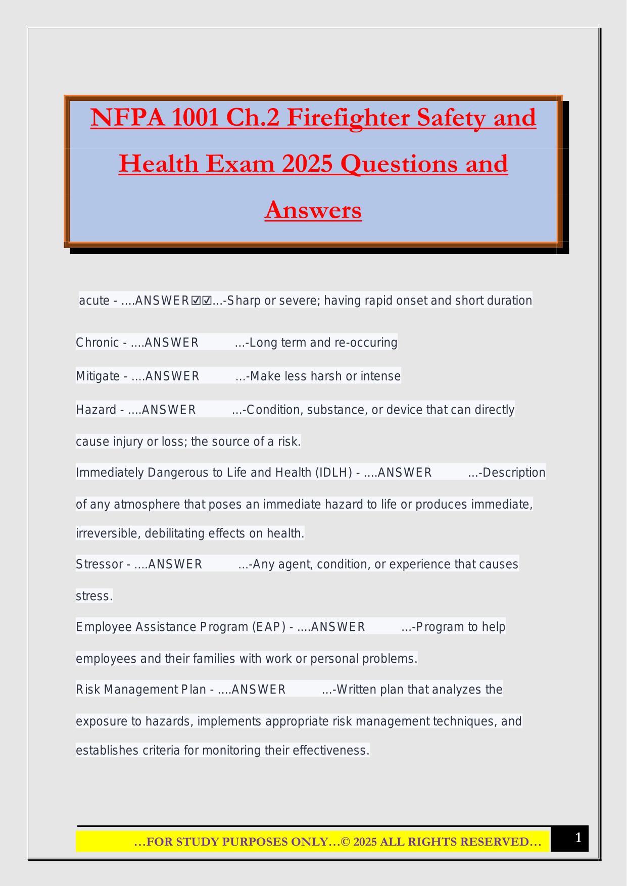 NFPA 1001 Ch.2 Firefighter Safety and Health Exam 2025 Questions and Answers