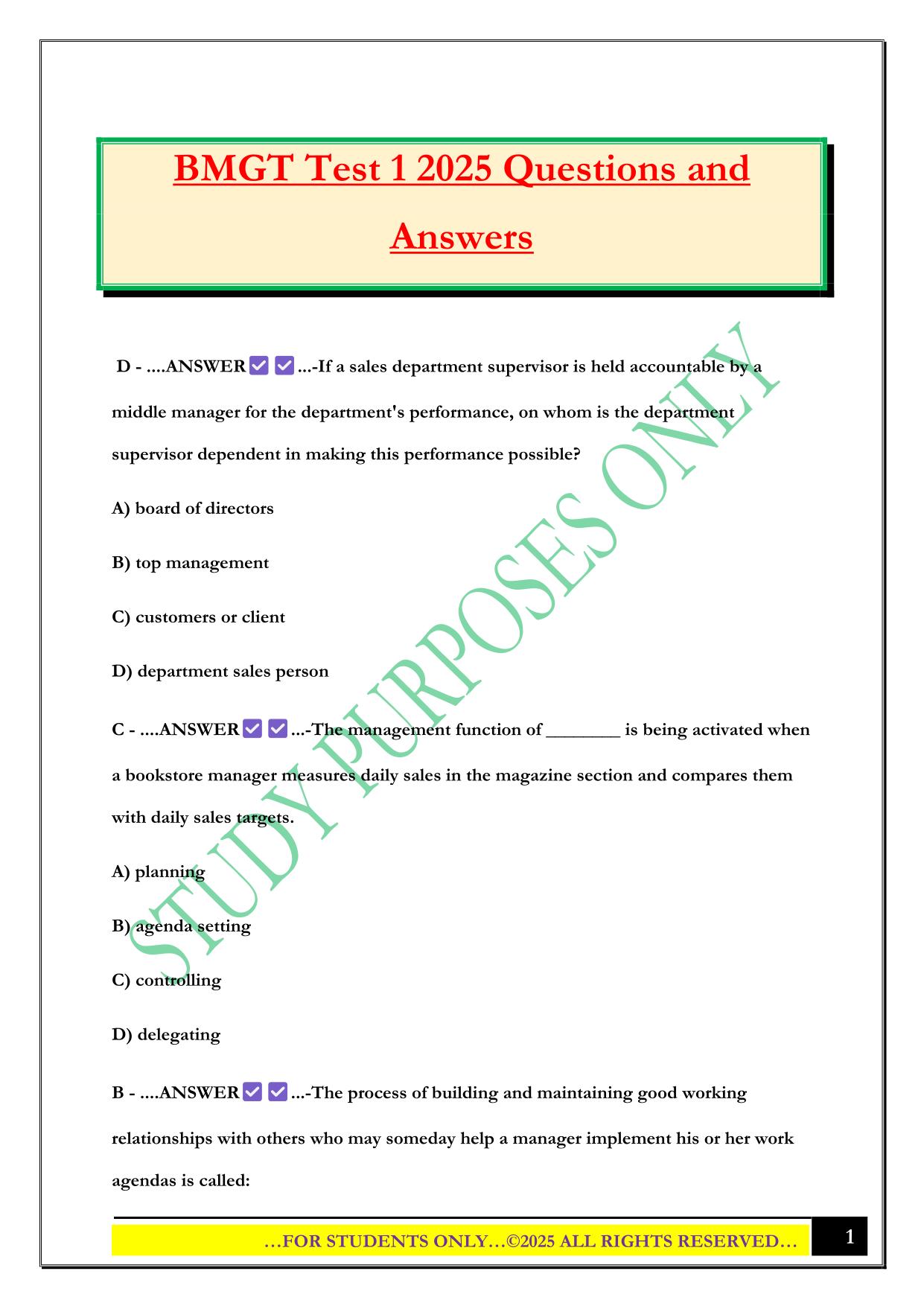 BMGT Test 1 2025 Questions and Answers