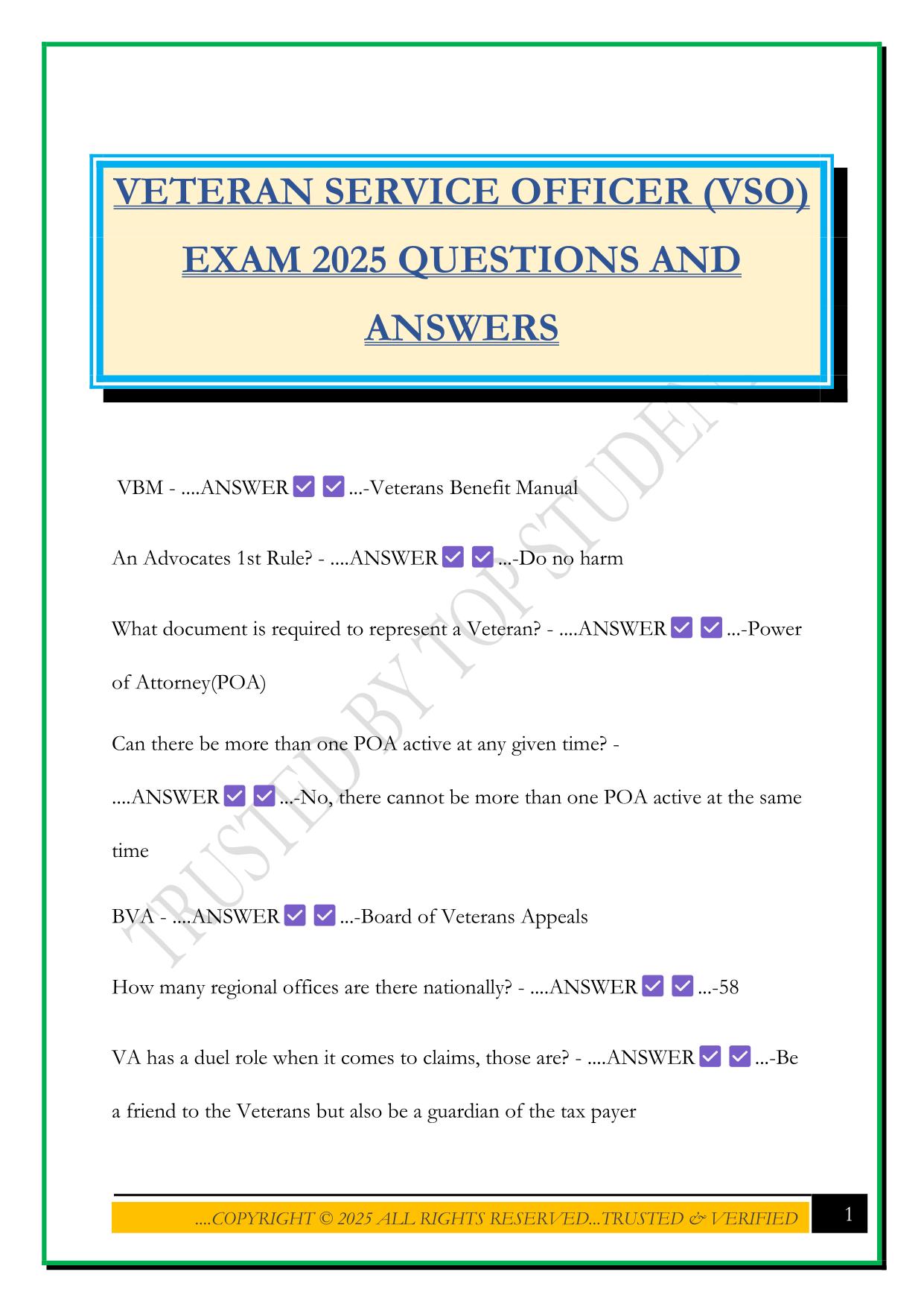 VETERAN SERVICE OFFICER (VSO) EXAM 2025 QUESTIONS AND ANSWERS