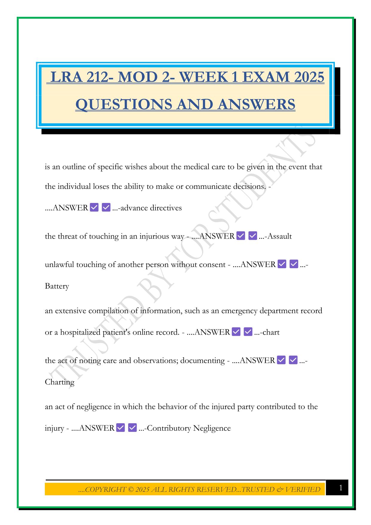 LRA 212- MOD 2- WEEK 1 EXAM 2025 QUESTIONS AND ANSWERS