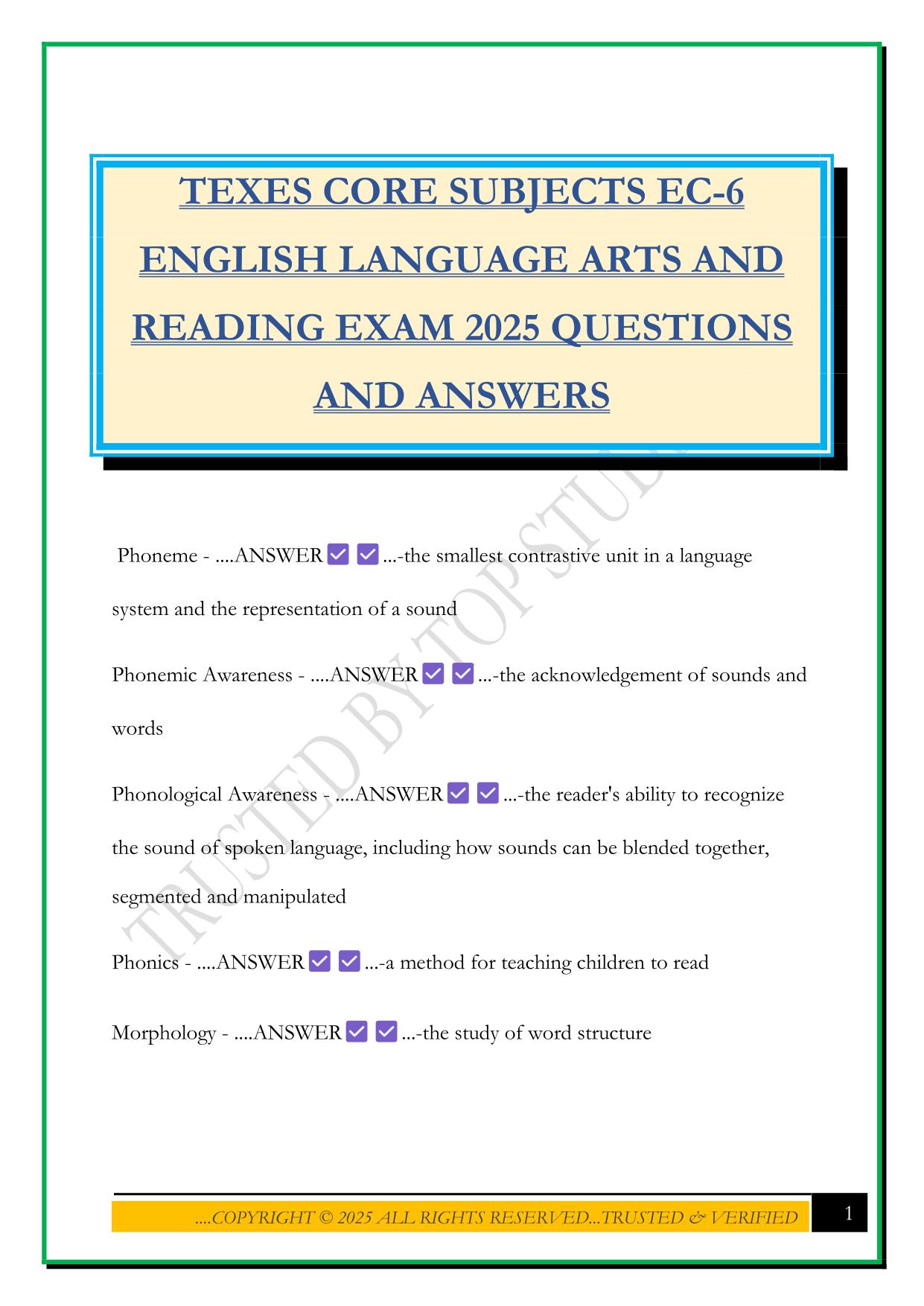 TEXES CORE SUBJECTS EC-6 ENGLISH LANGUAGE ARTS AND READING EXAM 2025 QUESTIONS AND ANSWERS