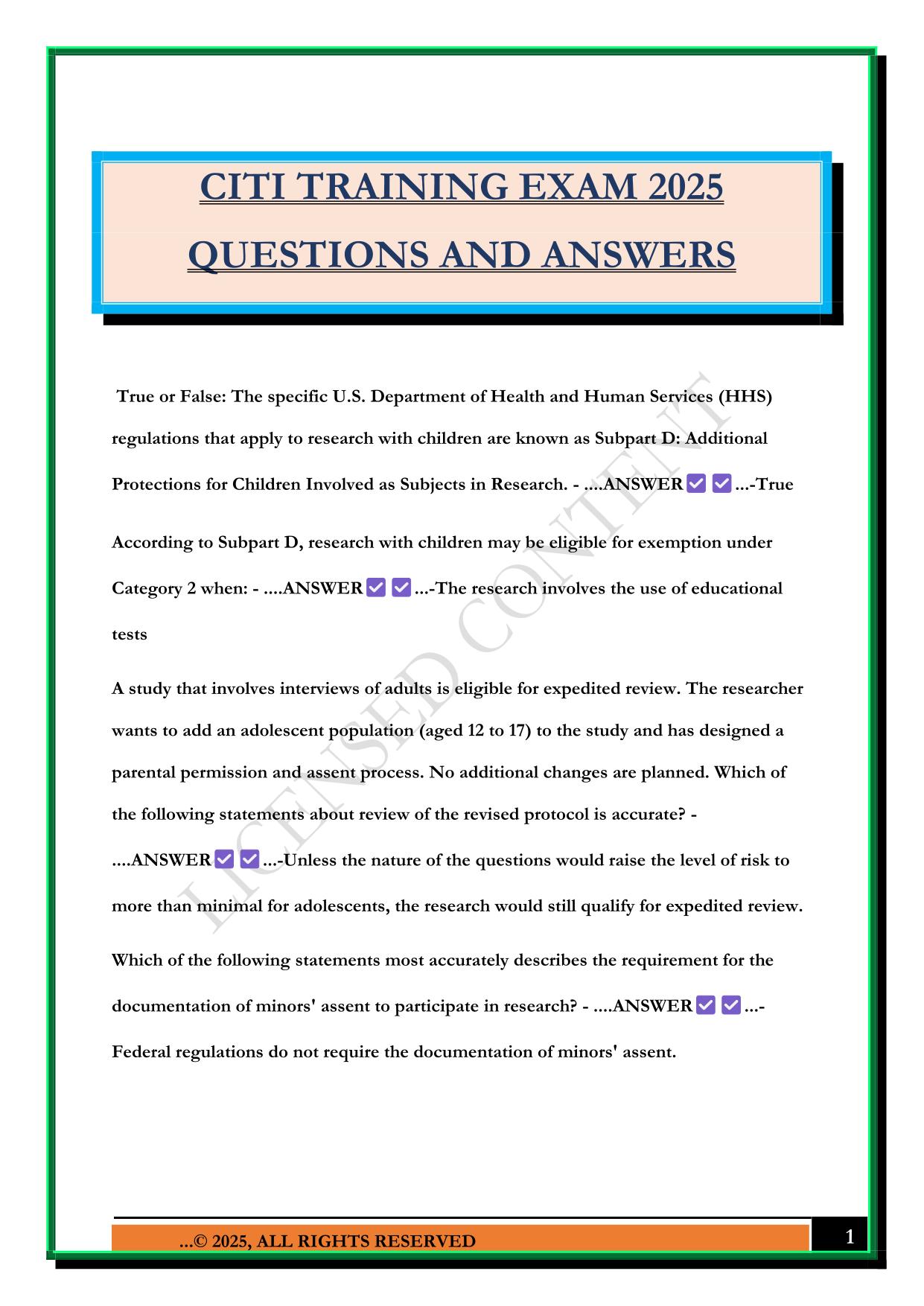CITI TRAINING EXAM 2025 QUESTIONS AND ANSWERS