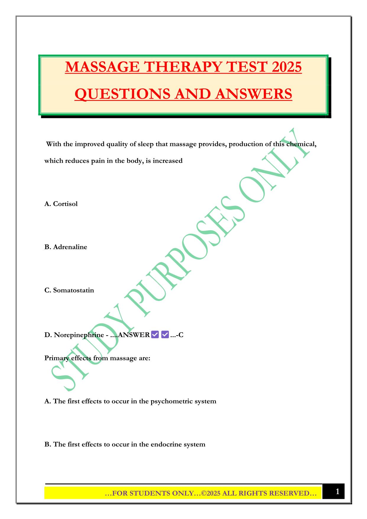 MASSAGE THERAPY TEST 2025 QUESTIONS AND ANSWERS