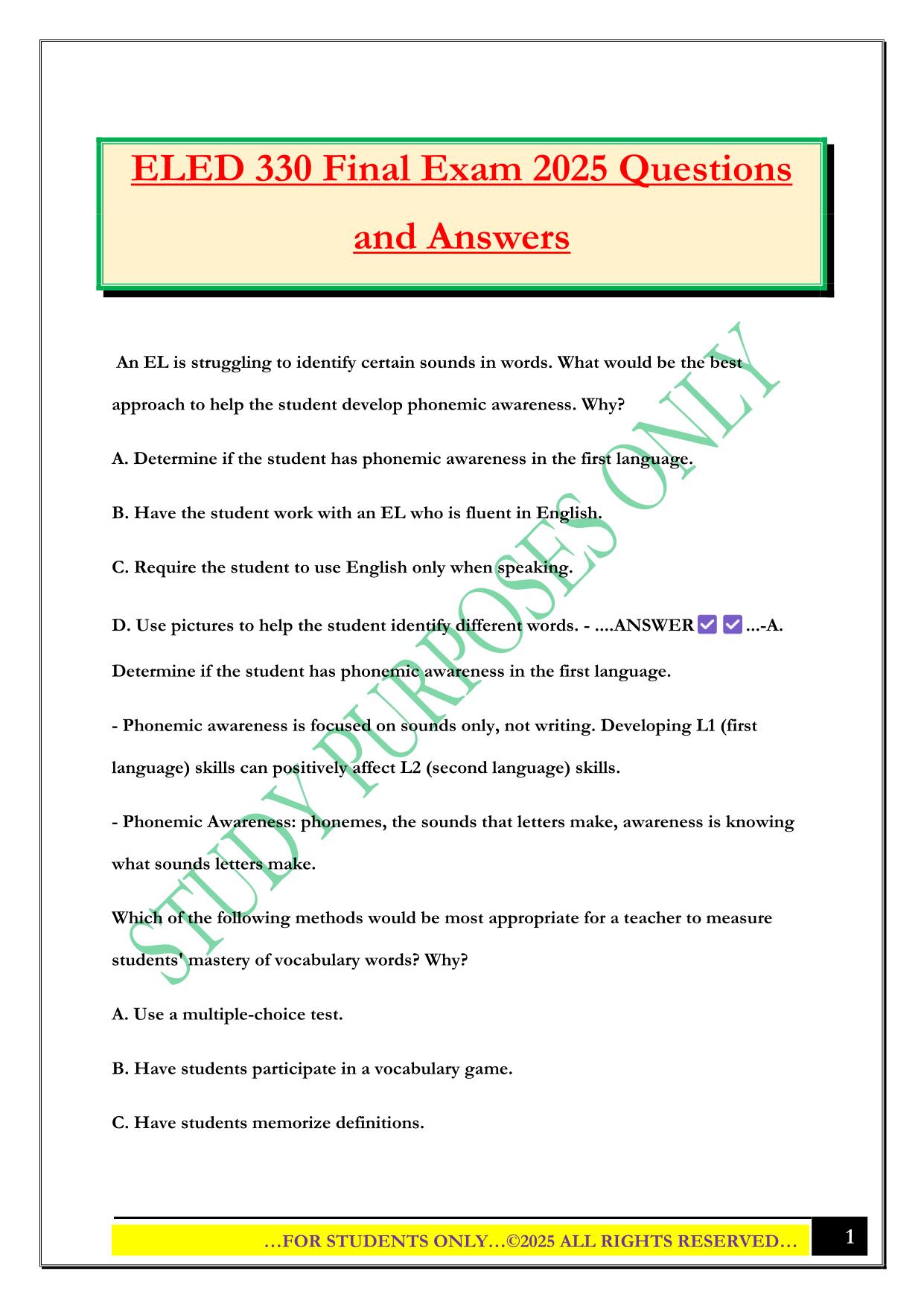 ELED 330 Final Exam 2025 Questions and Answers