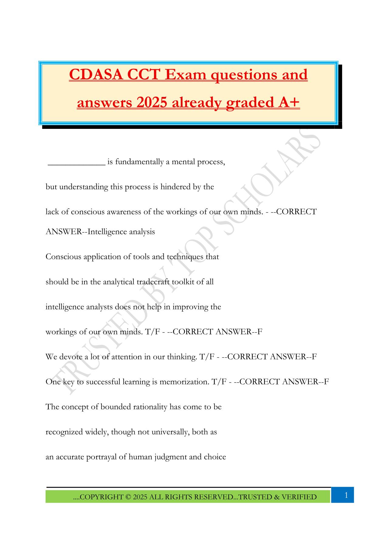 CDASA CCT Exam questions and answers 2025 already graded A+