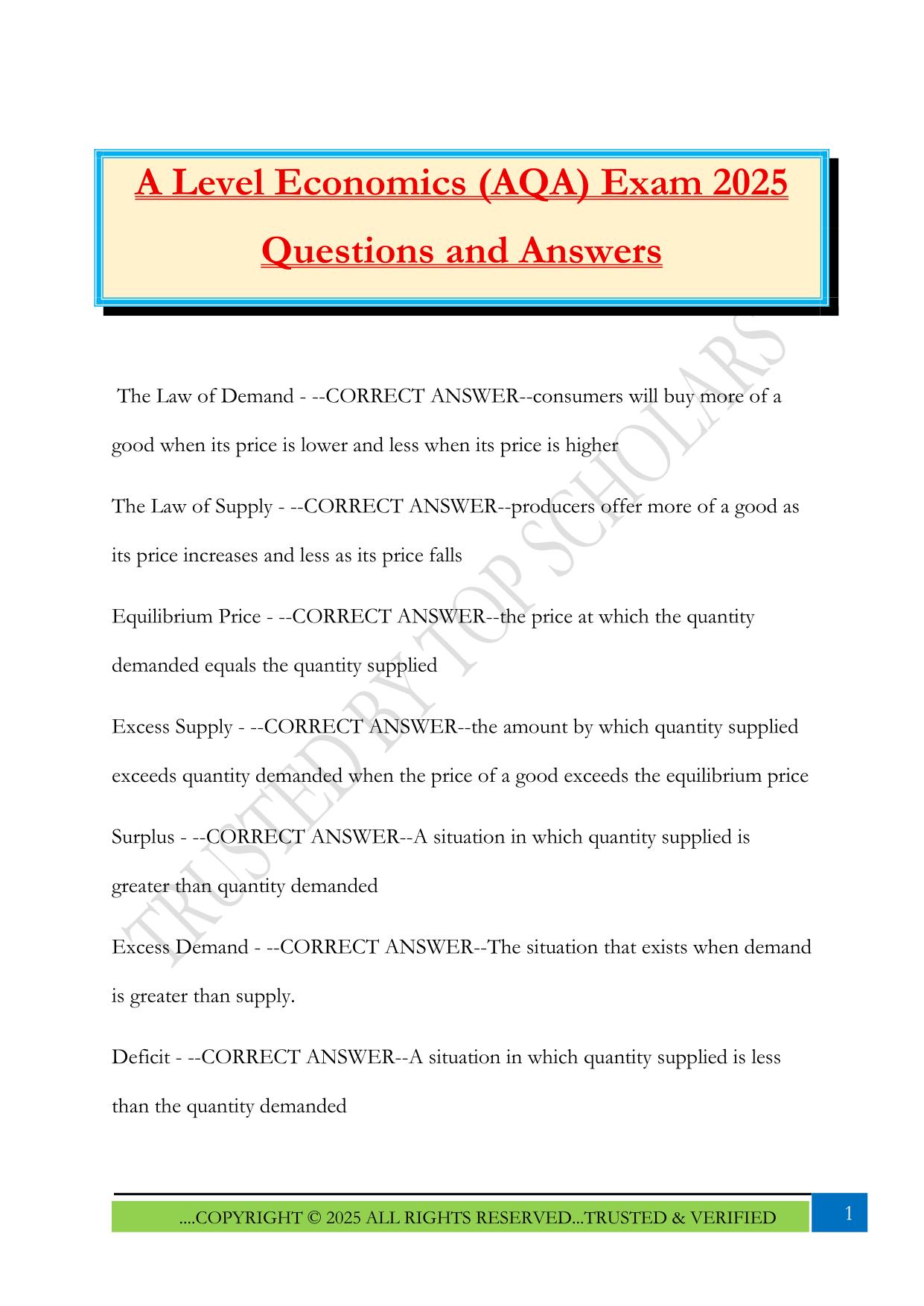 A Level Economics (AQA) Exam 2025 Questions and Answers