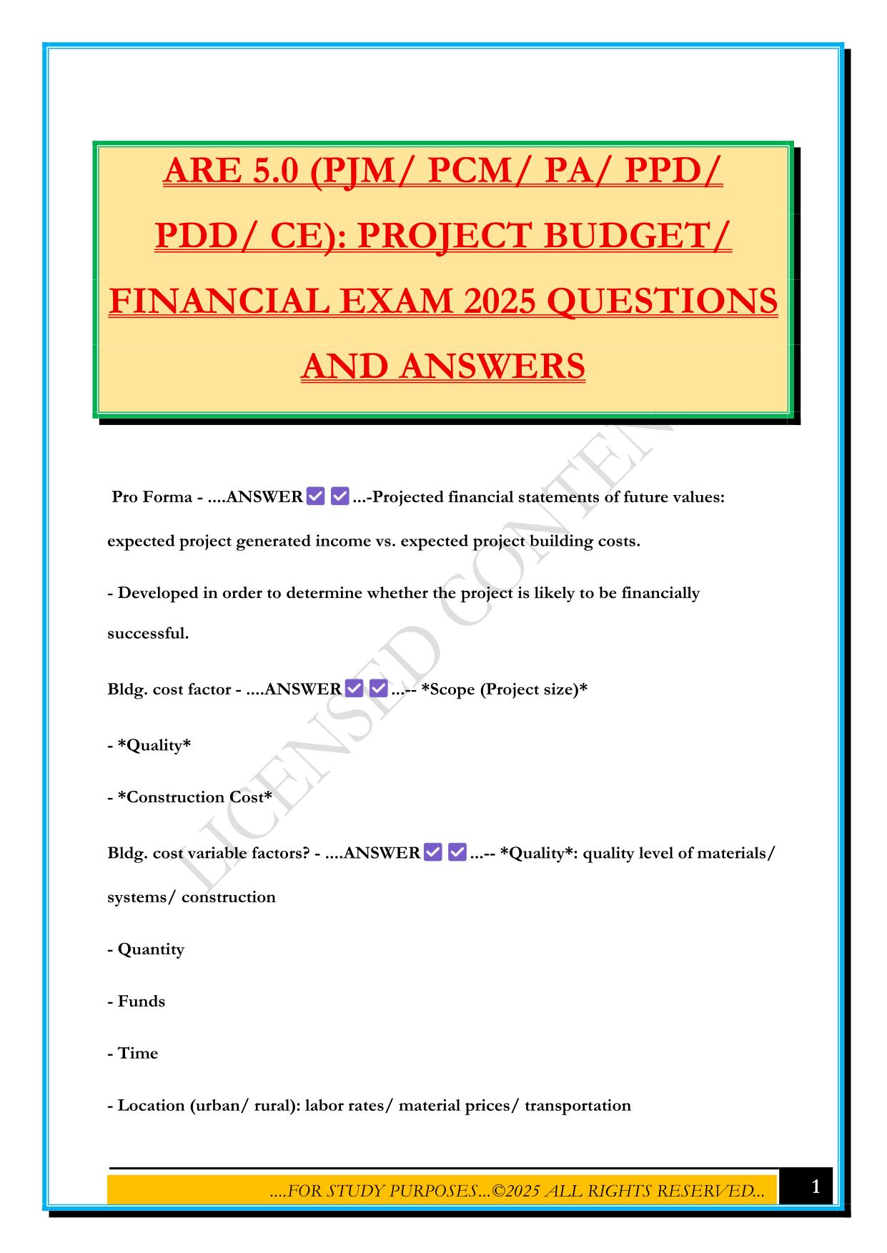 ARE 5.0 (PJM/ PCM/ PA/ PPD/ PDD/ CE): PROJECT BUDGET/ FINANCIAL EXAM 2025 QUESTIONS AND ANSWERS