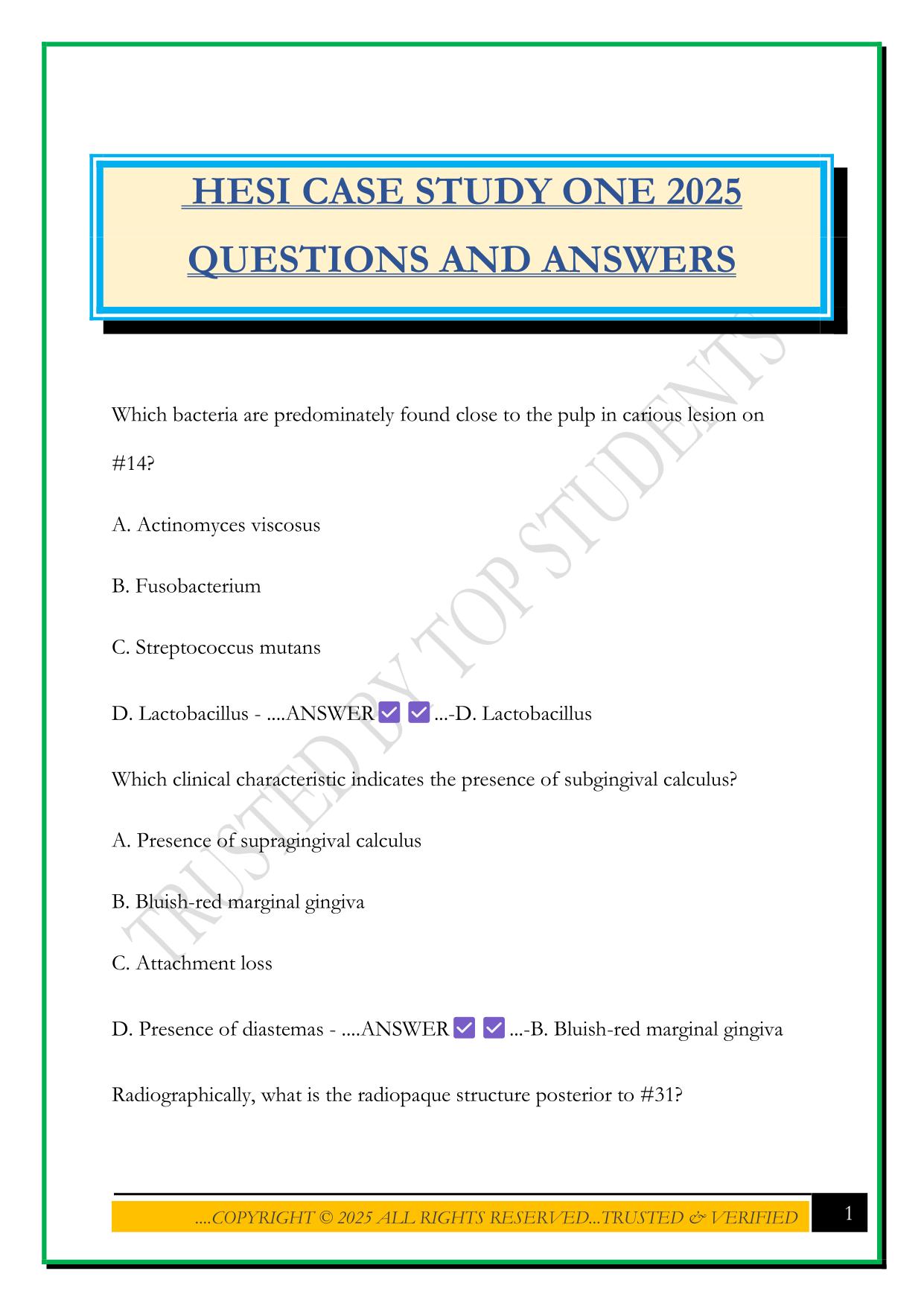 HESI CASE STUDY ONE 2025 QUESTIONS AND ANSWERS